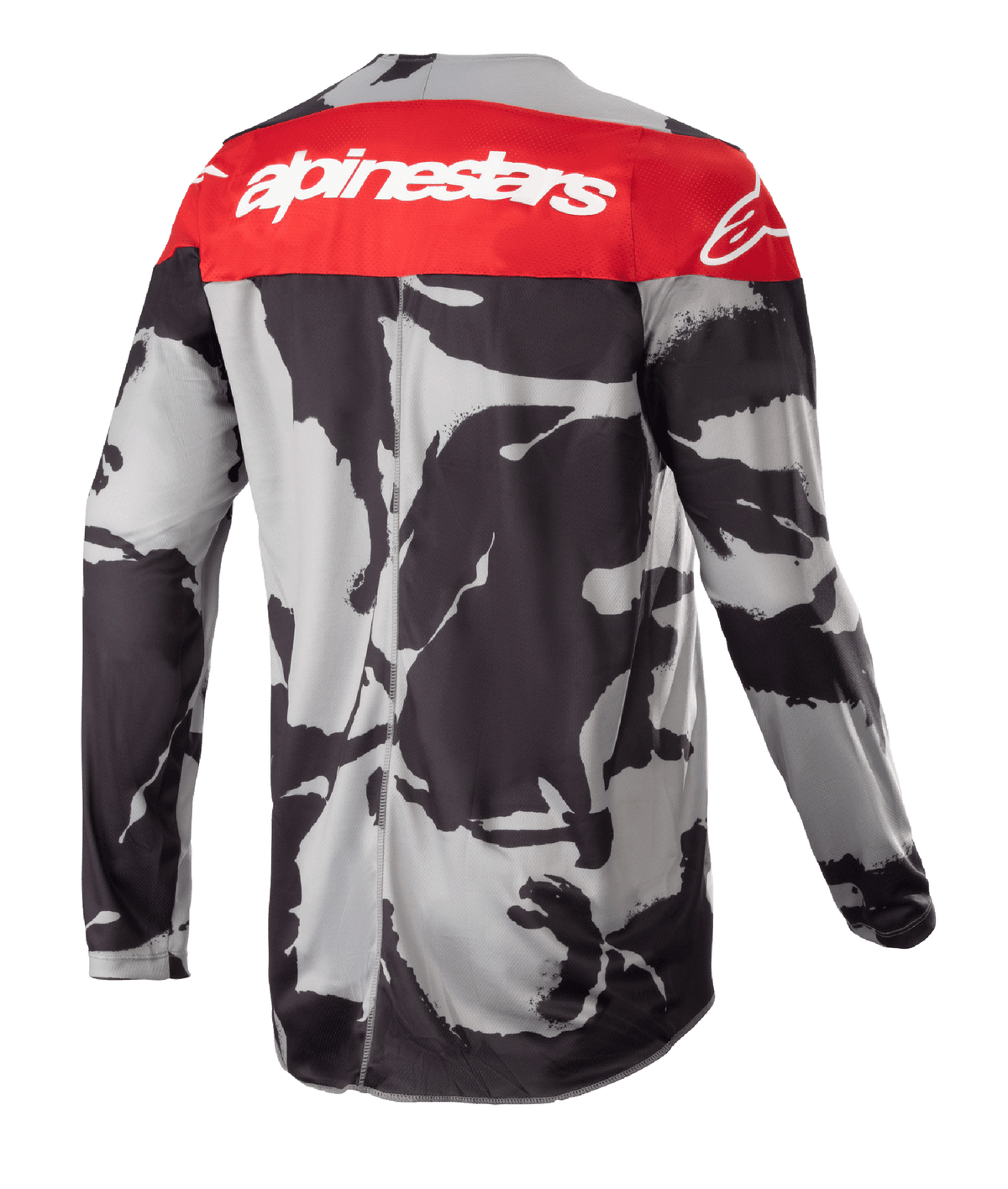 Alpinestars 2023 Racer Tactical Jersey, Motocross-Jersey, Cast Gray Camo und Mars Red, Rückansicht mit einem roten oberen Bereich mit weißem Alpinestars-Logo und grau-schwarzem Camouflage-Muster, leichte Offroad-Performance-Bekleidung