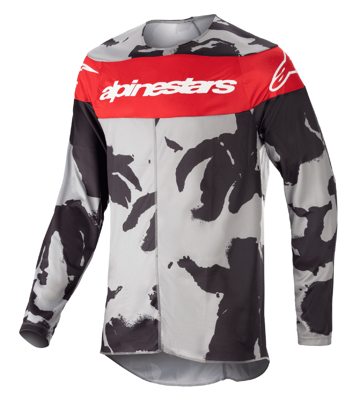 Alpinestars 2023 Racer Tactical Jersey, Motocross-Trikot, Cast Gray Camo und Mars Red, markanter roter Bruststreifen mit weißem Alpinestars-Branding, schwarz-graues Tarnmuster, technische Langarm-Bekleidung für den Offroad-Rennsport