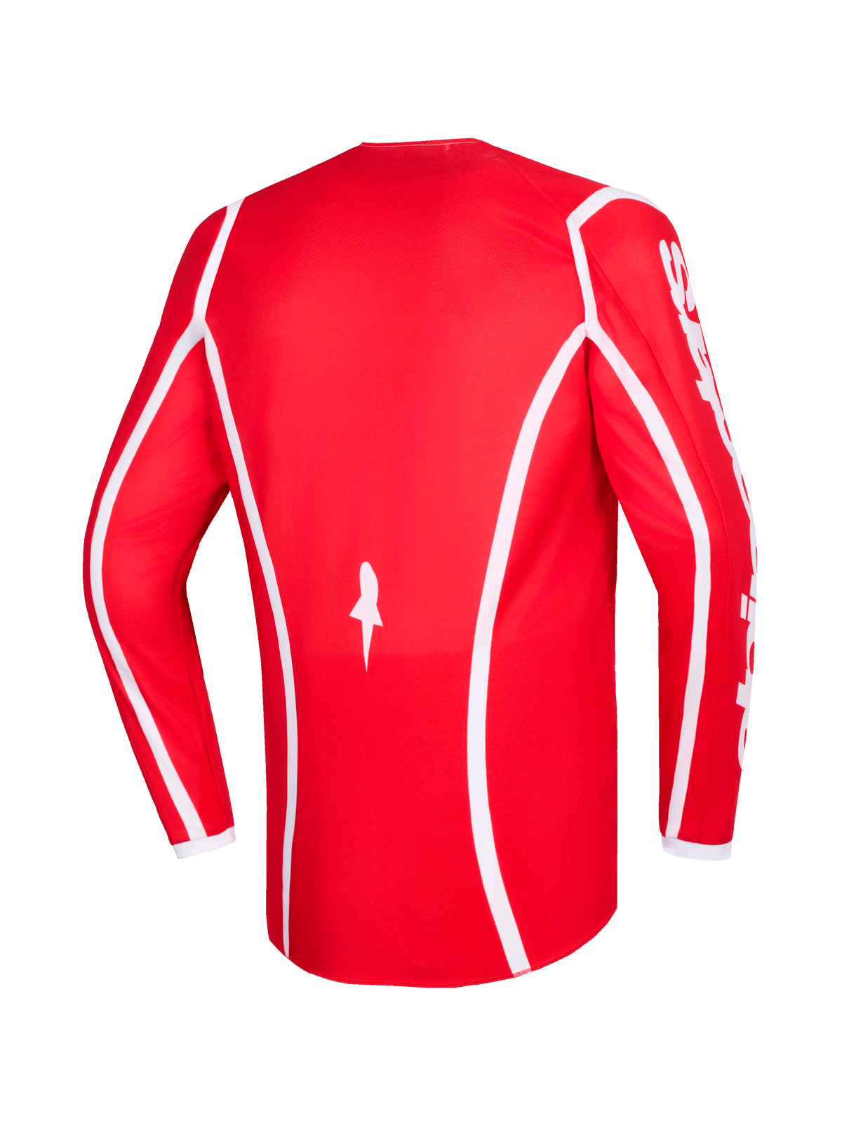 Alpinestars 2026 Fluid Apex Trikot, Rot und Weiß, Rückansicht des langärmeligen Motocross-Trikots mit weißen geschwungenen Akzentlinien, Stern-Logo unten und weißem Alpinestars-Schriftzug auf den Ärmeln, konzipiert für den Offroad-Rennsport