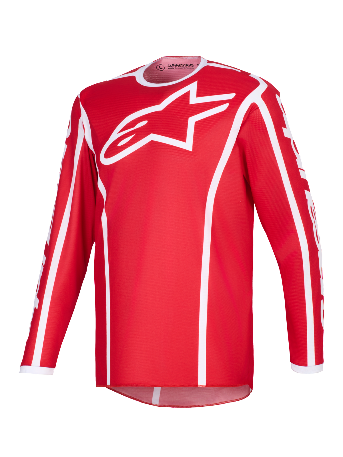 Alpinestars 2026 Fluid Apex Jersey, Motocross-Jersey, Rot und Weiß, mit großem weißen A-Star-Logo auf der Brust, weißem Sportkragen, vertikalen Paspeln und verlängertem Rückensaum für Offroad-Performance.
