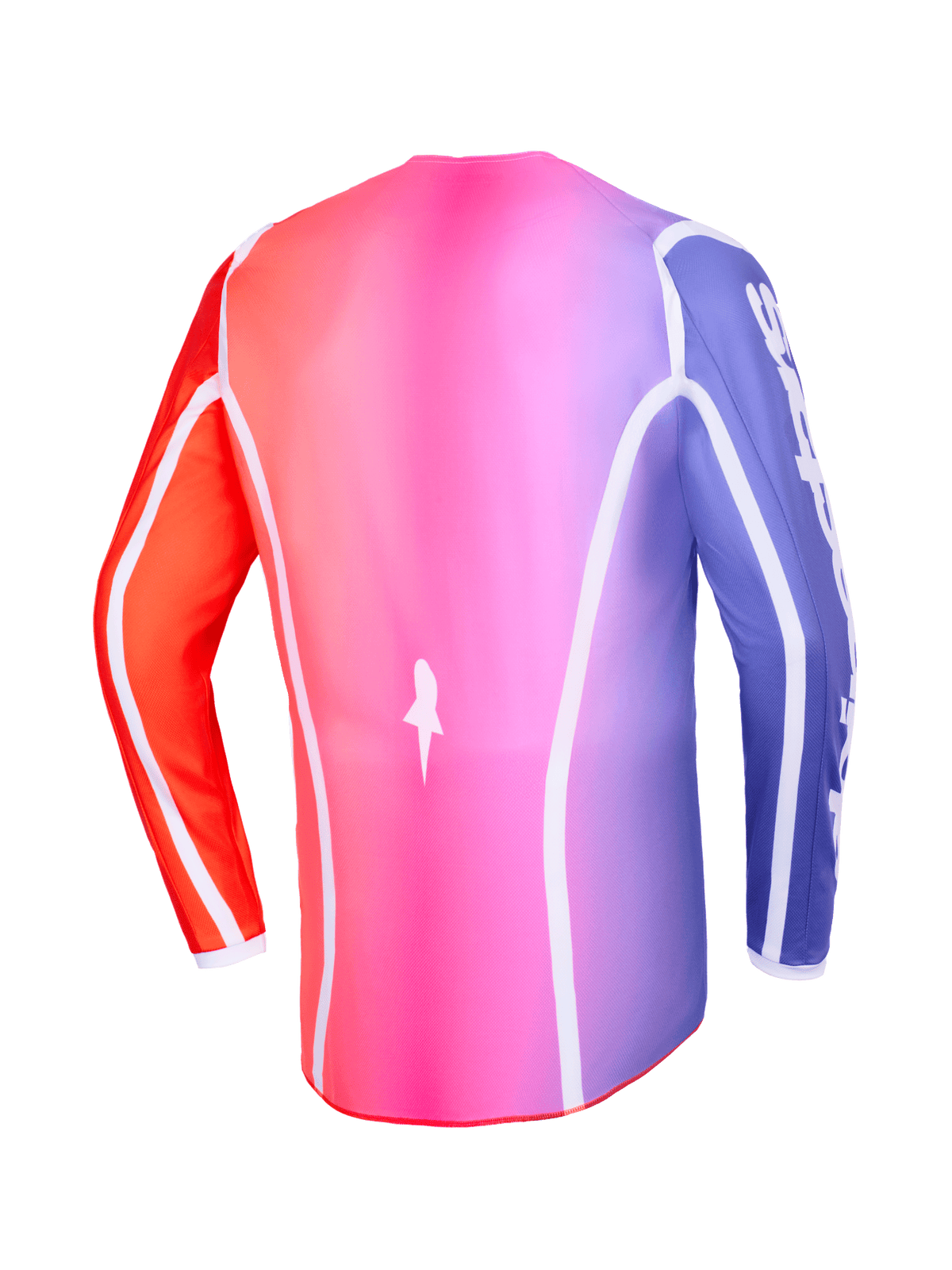 Alpinestars 2026 Fluid Apex Trikot, Rückansicht, mehrfarbiger Farbverlauf in Pink, Lila und Orange, mit weißen geschwungenen Paspeln und verlängertem Rückensaum, professionelle Motocross- und Offroad-Bekleidung