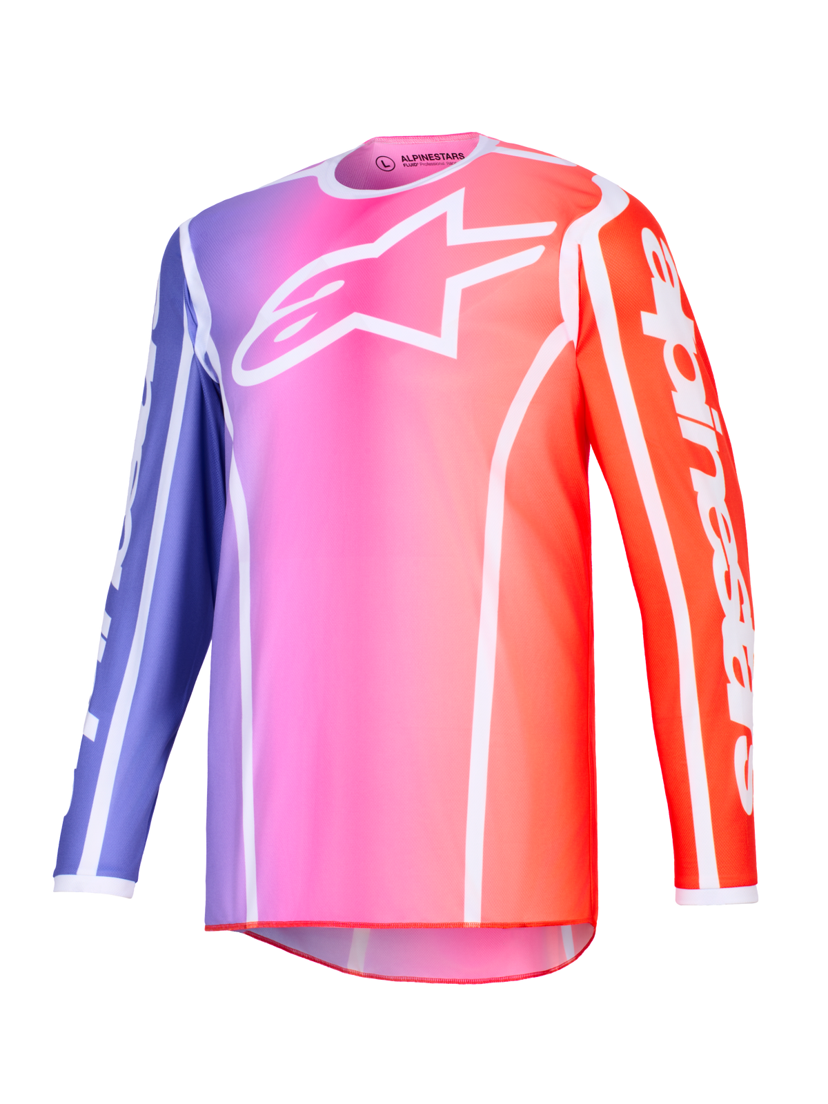 Alpinestars 2026 Fluid Apex Trikot, Motocross-Trikot, lila, pink und orangefarbener Farbverlauf mit weißen Akzenten, weißes Astars-Logo auf der Brust und Branding an den Ärmeln, leichtes Performance-Polygewebe für den Offroad-Rennsport