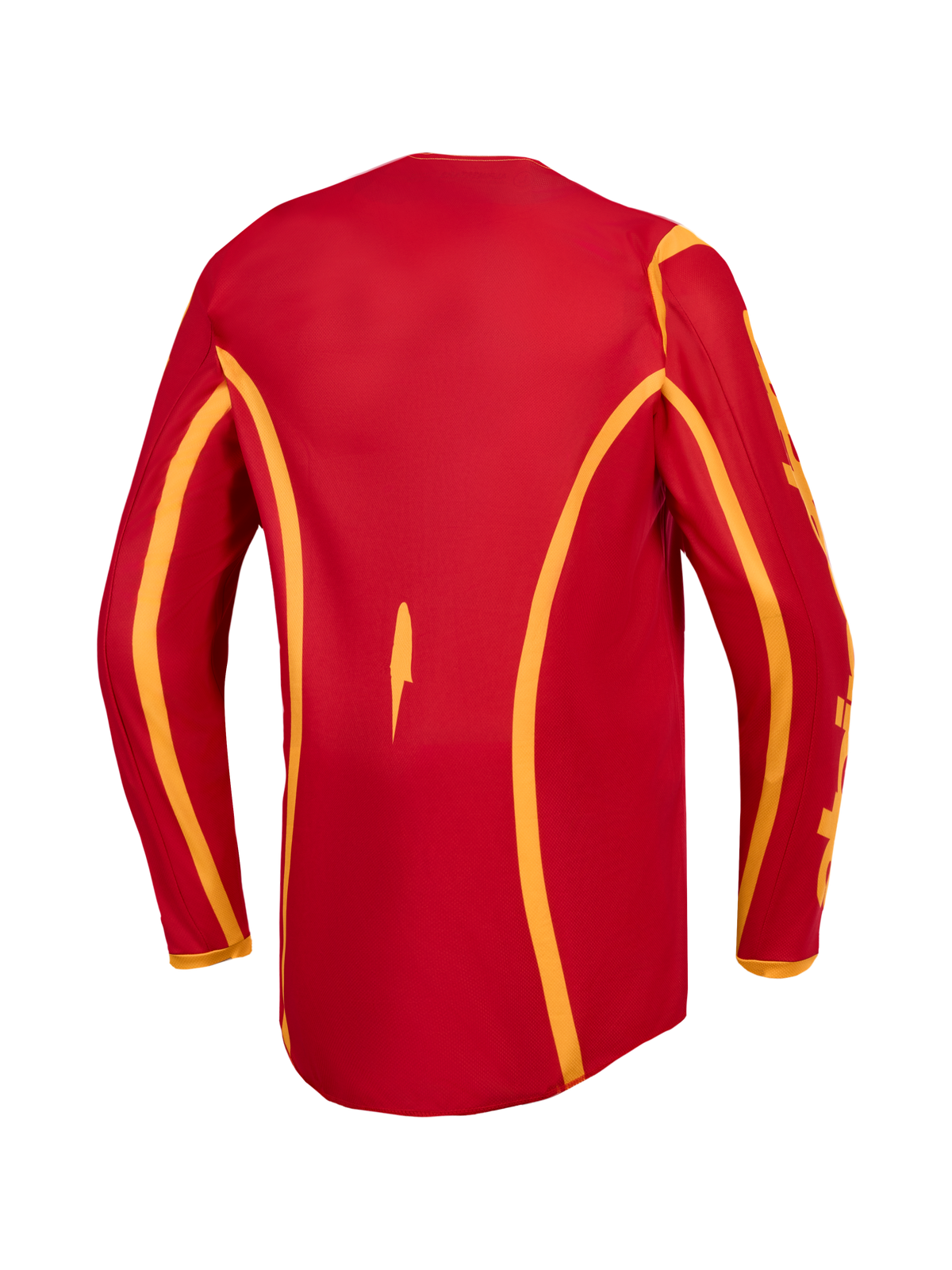Alpinestars Fluid Apex V2 Trikot, Herren-Motocross-Trikot, Rot und Gold, Rückansicht mit verlängertem Rücken.