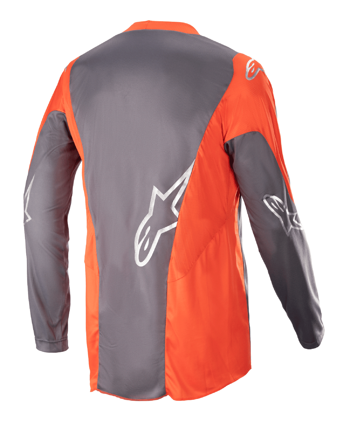 Alpinestars 2023 Racer Hoen Jersey, Motocross-Jersey, Magnet Hot Orange, Rückansicht mit grauen und orangefarbenen Einsätzen sowie silbernen Astars-Logos auf den Ärmeln und dem Rücken, Performance-Offroad-Bekleidung