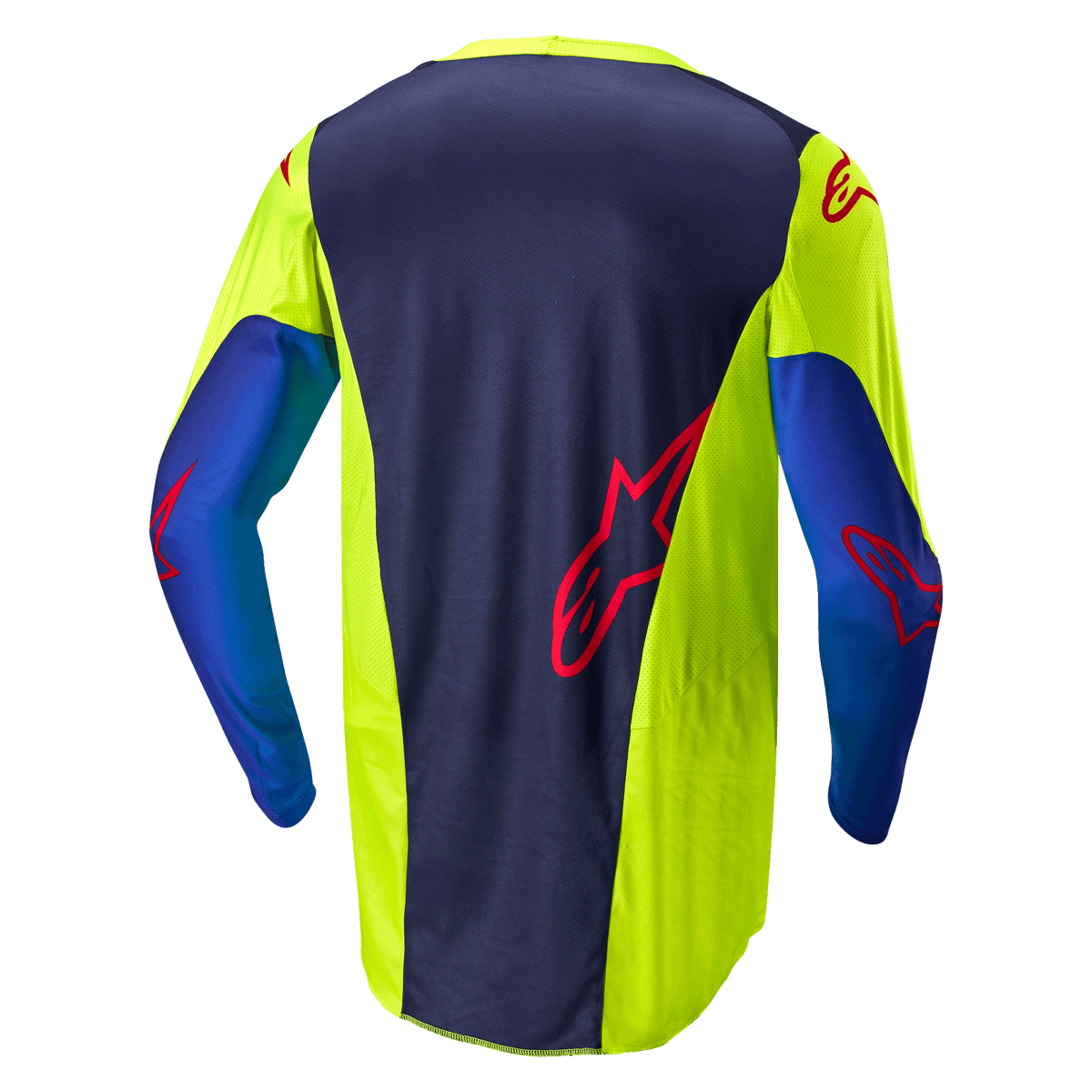Alpinestars 2024 Racer Hoen Jersey, Motocross-Trikot, Gelb Fluo und Blue Night Navy, Rückansicht mit dunkelblauem Mittelteil und rotem Logo, leuchtend gelben Seitenbereichen, langen Ärmeln und atmungsaktivem Mesh-Gewebe für Offroad-Performance