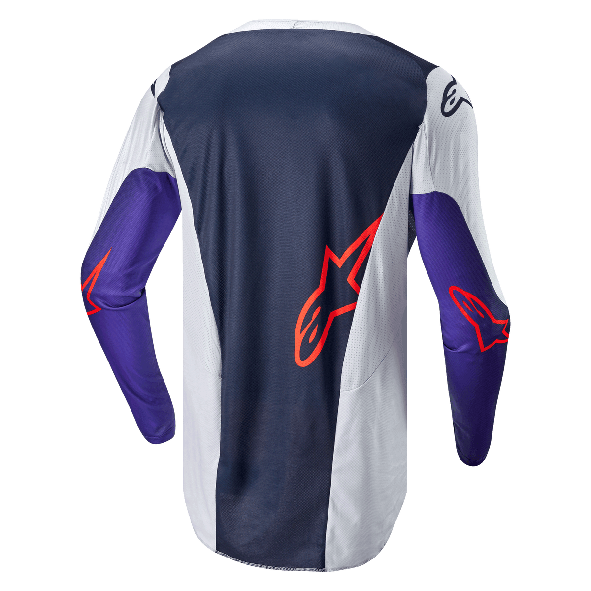 Alpinestars 2024 Racer Hoen Jersey, Motocross Jersey, Back View, Navy Blue and Light Gray with Purple Sleeves, Orange Alpinestars Logos, technical mesh fabric for off-road performance