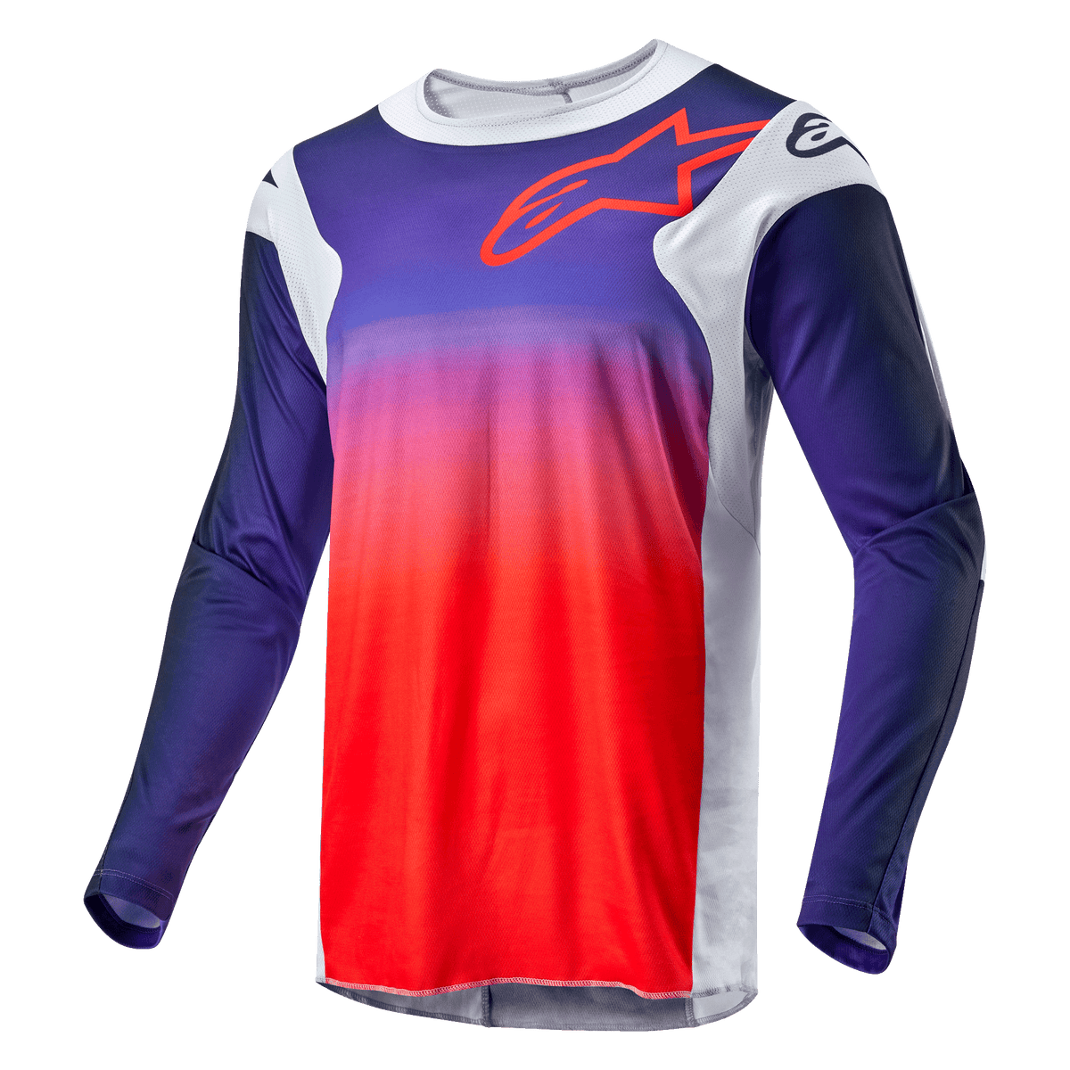 Alpinestars 2024 Racer Hoen Jersey, Motocross Jersey, Navy Blue to Hot Orange gradient with Light Gray side panels, featuring a red Alpinestars logo outline on the chest, technical long-sleeved apparel for off-road racing