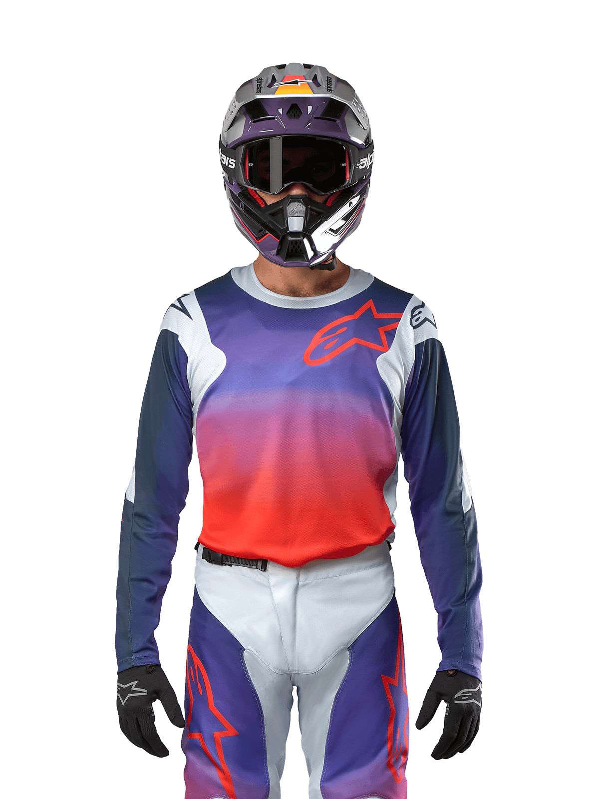 Alpinestars 2024 Racer Hoen Jersey in Light Gray Hot Orange Black, Motocross Jersey worn by a rider with matching gear, featuring a vibrant color gradient and the Alpinestars star logo on the chest, designed for off-road performance.