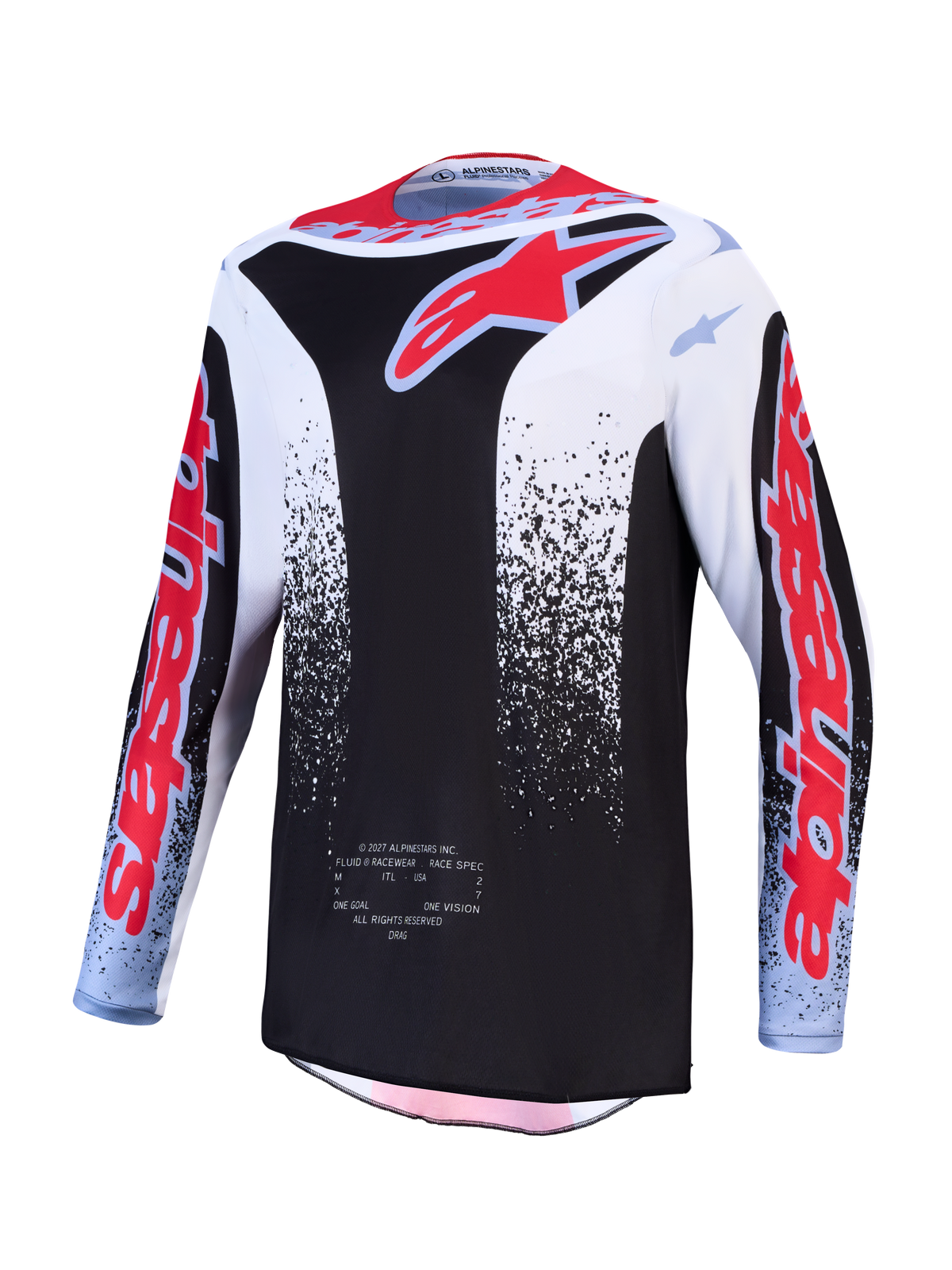 Alpinestars Fluid Drag Trikot, Herren-MX-Oberteil, Schwarz und Weiß, rote Fluo-Grafiken, feuchtigkeitsableitendes Material.