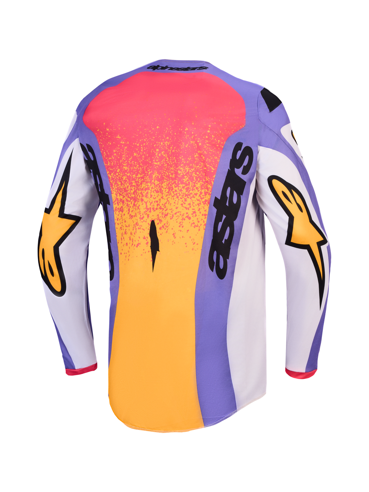 Alpinestars Fluid Drag Trikot, Herren-Motocrosstrikot, Lila und Gold, Rückansicht mit verlängertem Rückenteil.
