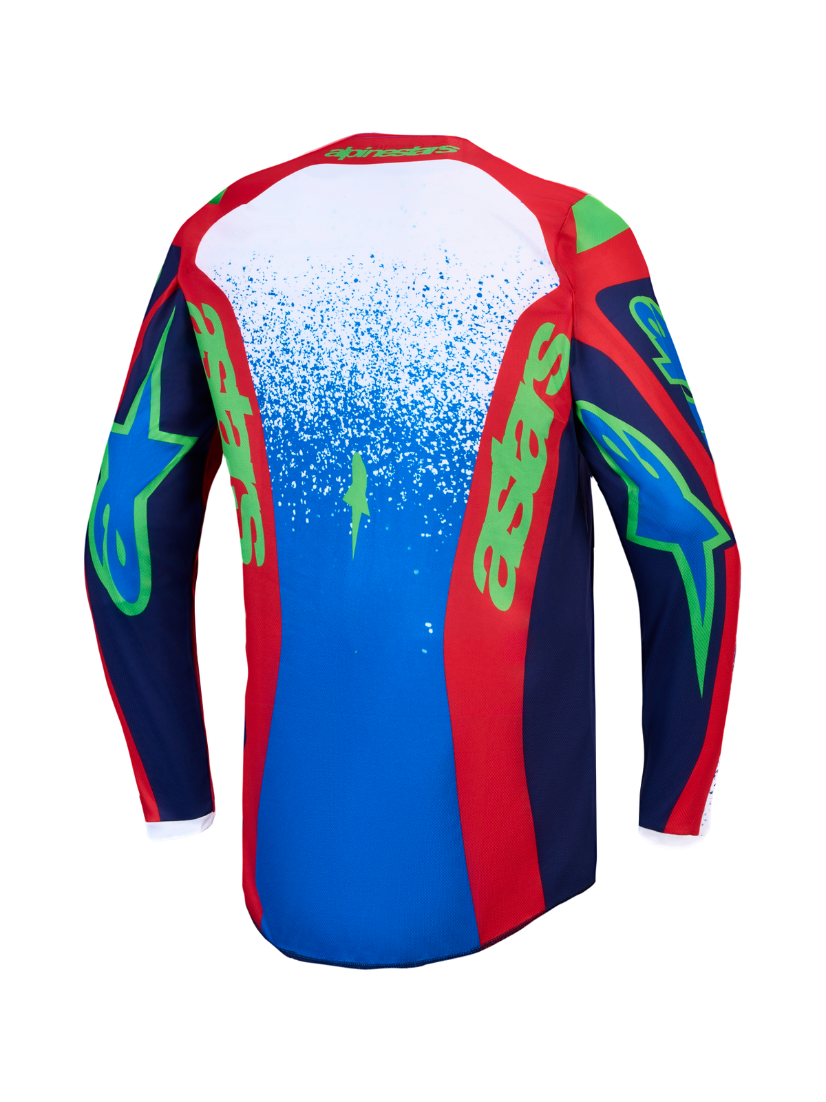 Alpinestars Fluid Drag Trikot, Herren-Motocross-Oberteil in Blau und Feuerrot mit grünen Grafiken, Rückansicht.