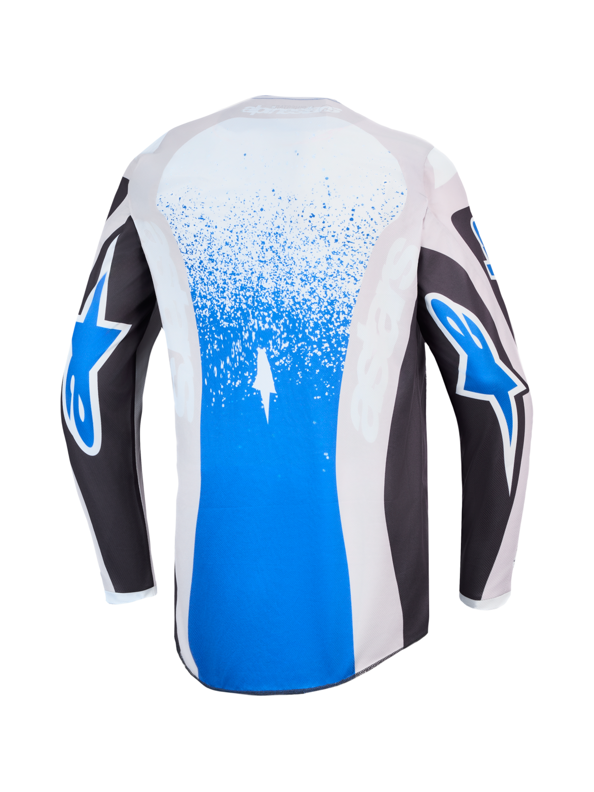 Alpinestars Fluid Drag Jersey, blue and graystone motocross jersey, back view with splatter graphics and star logos.