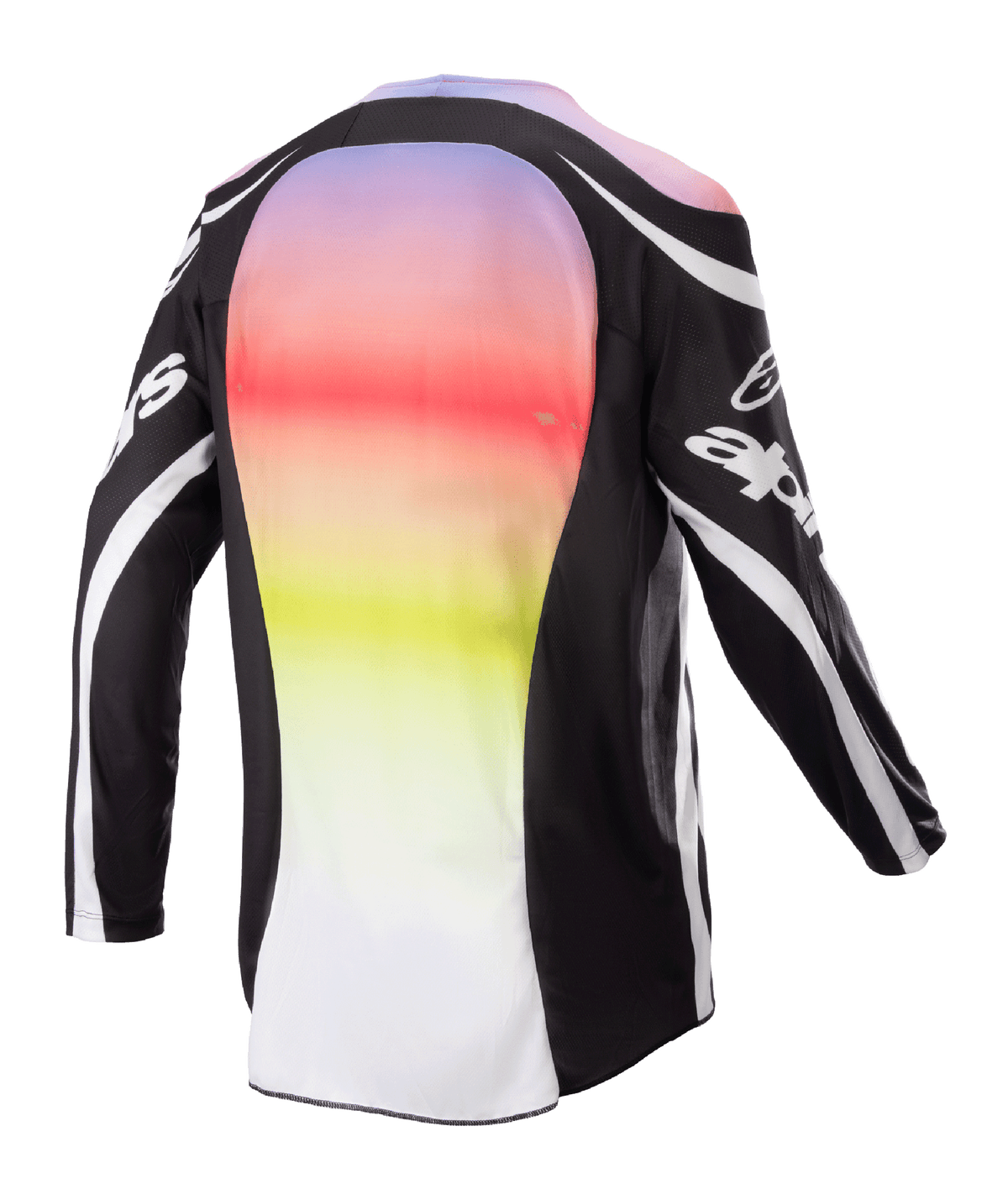 Alpinestars 2023 Racer Semi Jersey, Motocross Jersey, Black Multicolor, rear view featuring a large central panel with a vibrant purple to yellow gradient, black sleeves and shoulders with white logo accents and curved lines, designed for off-road performance