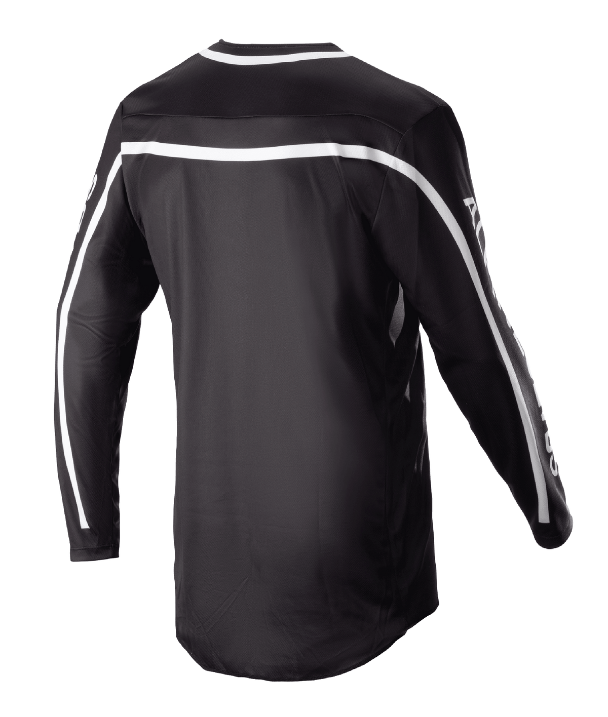 Alpinestars 2023 Racer Found Trikot, schwarzes Motocross-Trikot, Rückansicht mit weißen Streifen über den Schultern und Ärmeln, langärmeliges Design mit verlängertem Rücken für Schutz, leichte und atmungsaktive Performance-Ausrüstung