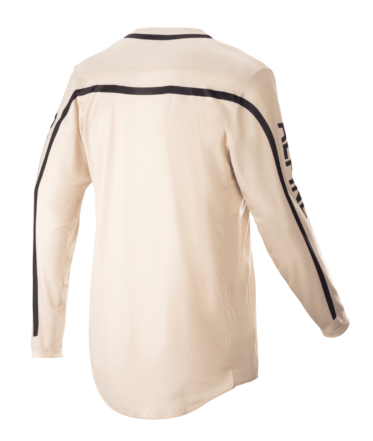 Alpinestars 2023 Racer Found Trikot, Motocross-Trikot, Mountain (Beige), Rückansicht, mit schwarzen Streifen über den Schultern und entlang der Ärmel, ergonomischer Schnitt mit verlängertem Rückenteil für optimale Abdeckung beim Fahren
