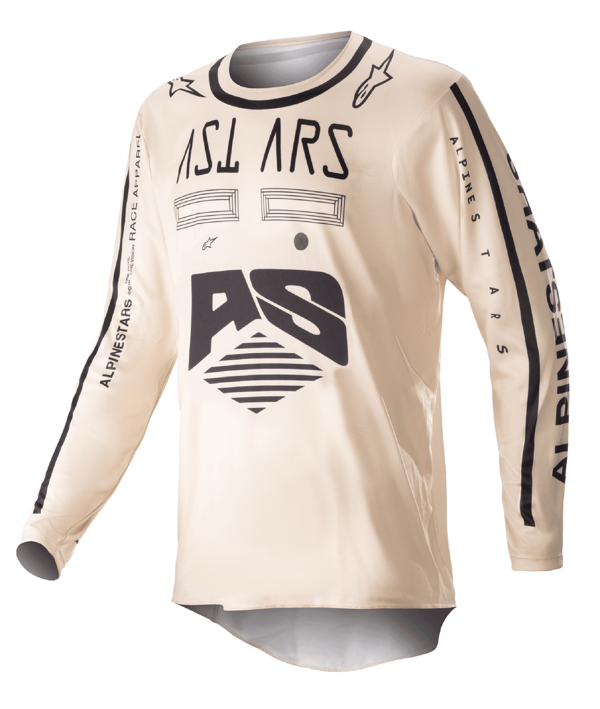 Alpinestars 2023 Racer Found Jersey, Motocross-Trikot, Beige mit schwarzen Grafiken, langärmelige Offroad-Performance-Ausrüstung, mit AS-Logo und Branding auf den Ärmeln