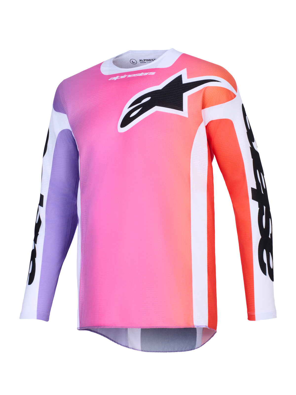 Alpinestars 2026 Racer Air Portl Trikot, Motocross-Trikot, Mehrfarbiger Farbverlauf in Pink, Lila und Orange, großes schwarzes Astars-Logo auf der Brust, weiße Seiteneinsätze, atmungsaktives Mesh-Gewebe mit langen Ärmeln und verlängerter Rückenpartie