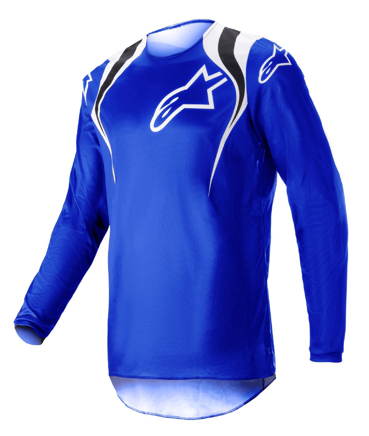 Alpinestars 2023 Fluid Narin Trikot, Motocross-Trikot, Blue Ray Weiß, mit weißen und schwarzen Schulterakzenten und einem weißen Brustlogo, leichtes Langarm-Design für den Offroad-Rennsport