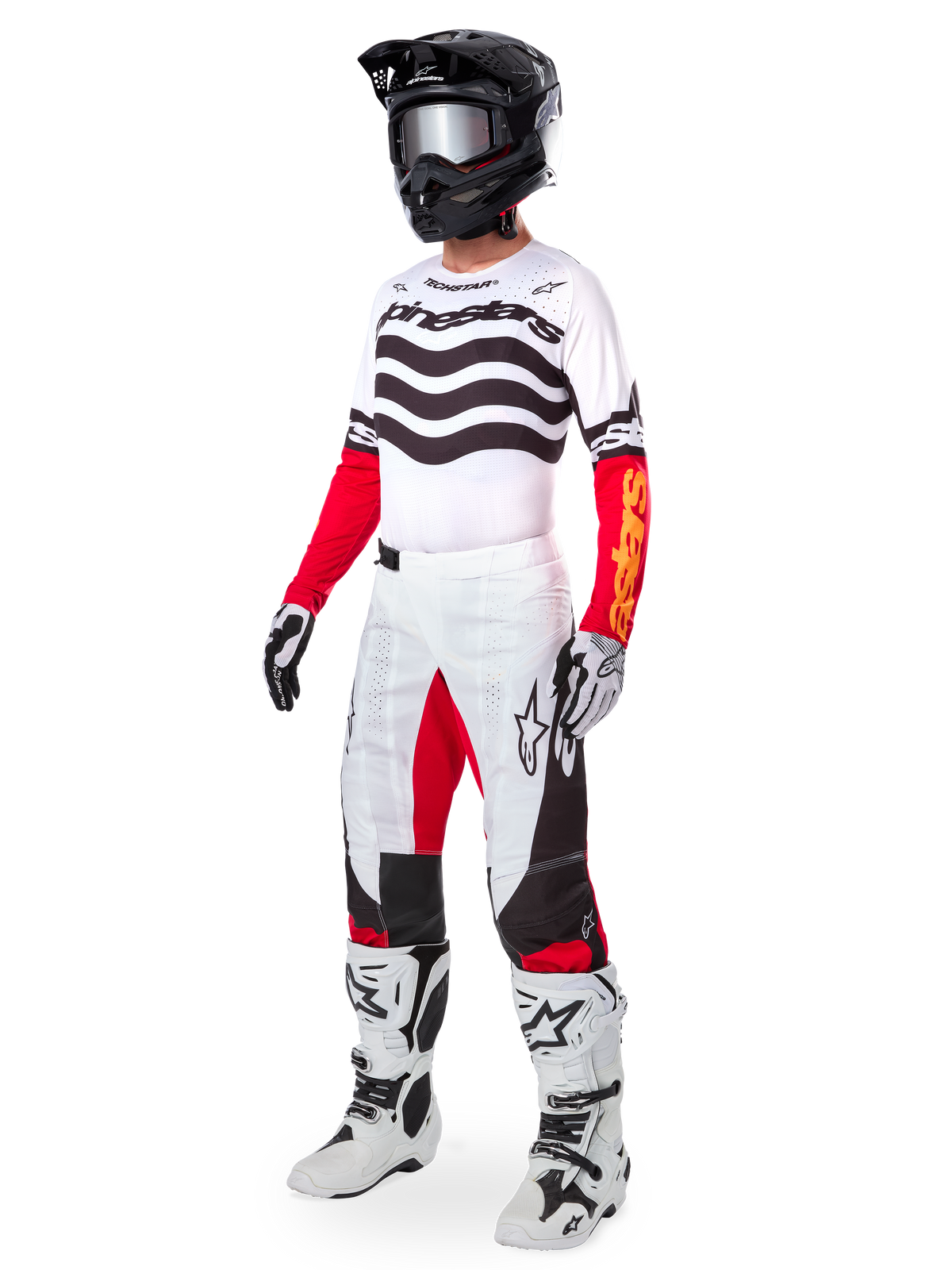 Alpinestars Limited Edition Techstar Deep Gear Set, full motocross racing apparel, white jersey with black wave patterns and red sleeves, white pants with red and black accents, black helmet with silver goggles, white and black gloves, white boots, coordinated MX racing outfit
