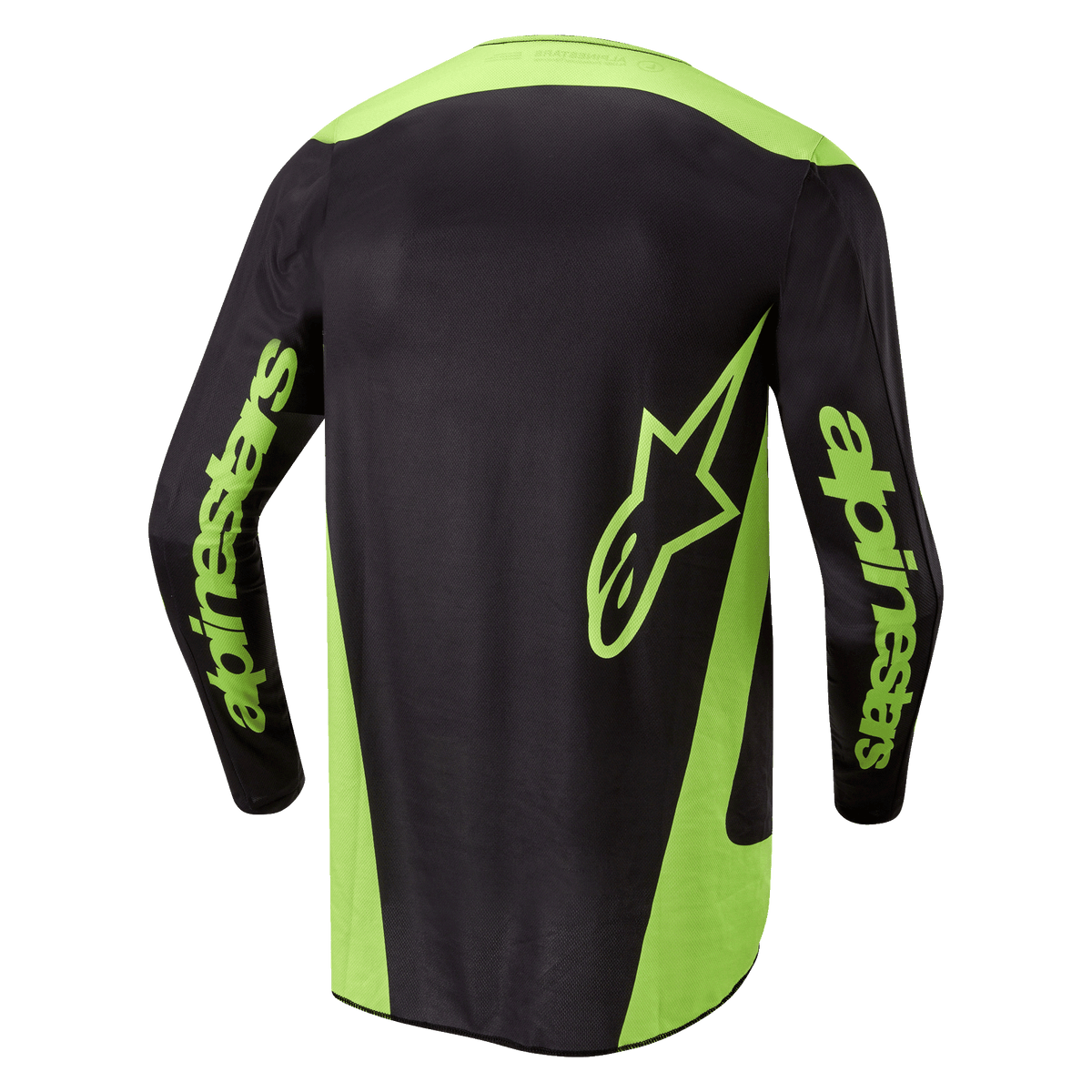 Alpinestars 2024 Fluid Lurv Jersey, Motocross-Trikot, Schwarz und Gelb Fluo, Rückansicht mit neongelben Seiteneinsätzen, großem Stern-Logo am unteren Rücken und Alpinestars-Branding auf den Ärmeln