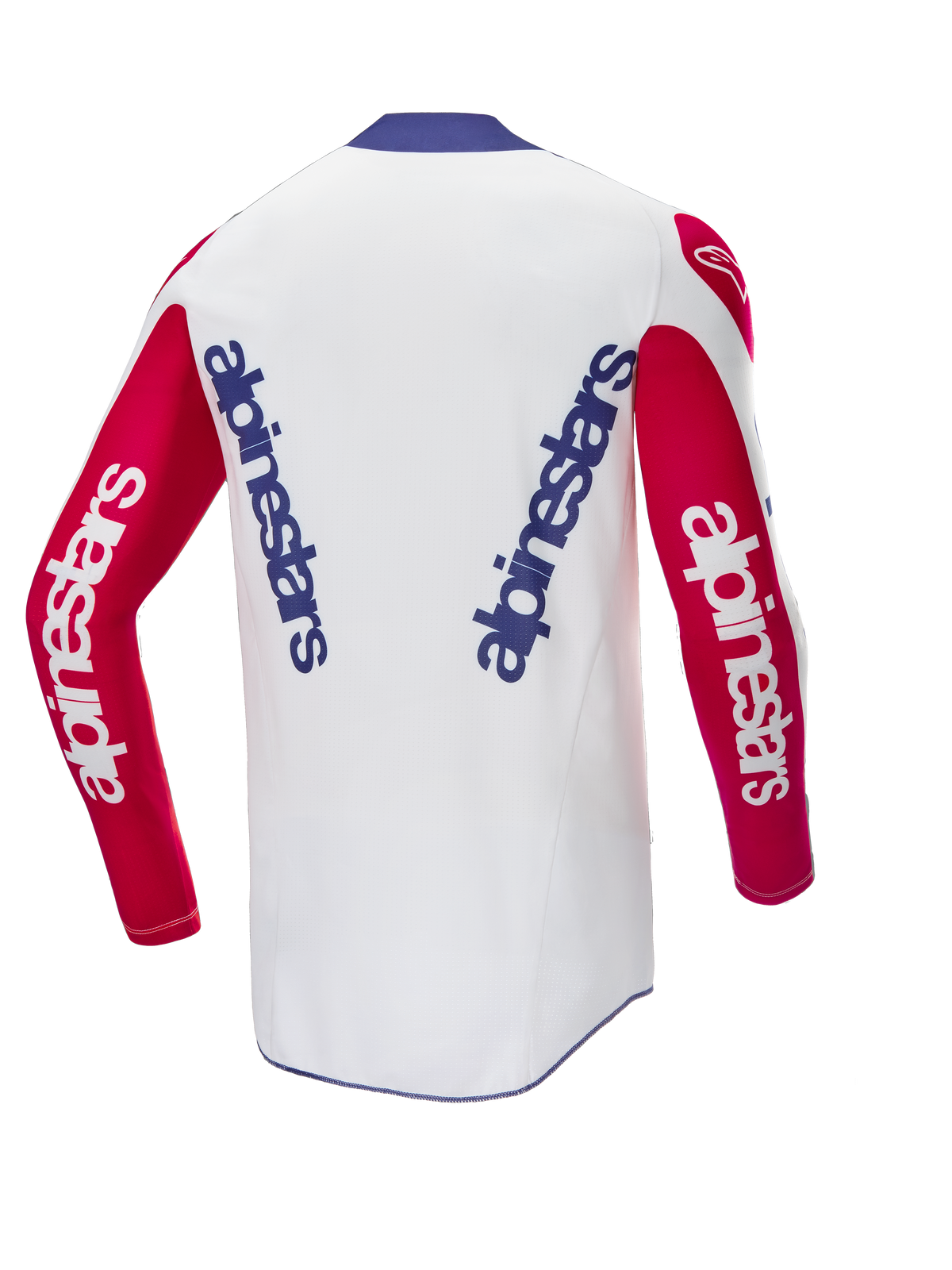 Alpinestars Limited Edition Techstar Fortitude Trikot, Motocross-Trikot, Leuchtendes Rot, Weiß und Blau, Rückansicht mit vertikalem blauen Branding auf weißem Rücken und roten Ärmeln, leistungsstarke, vom Rennsport abgeleitete Passform für Motocross
