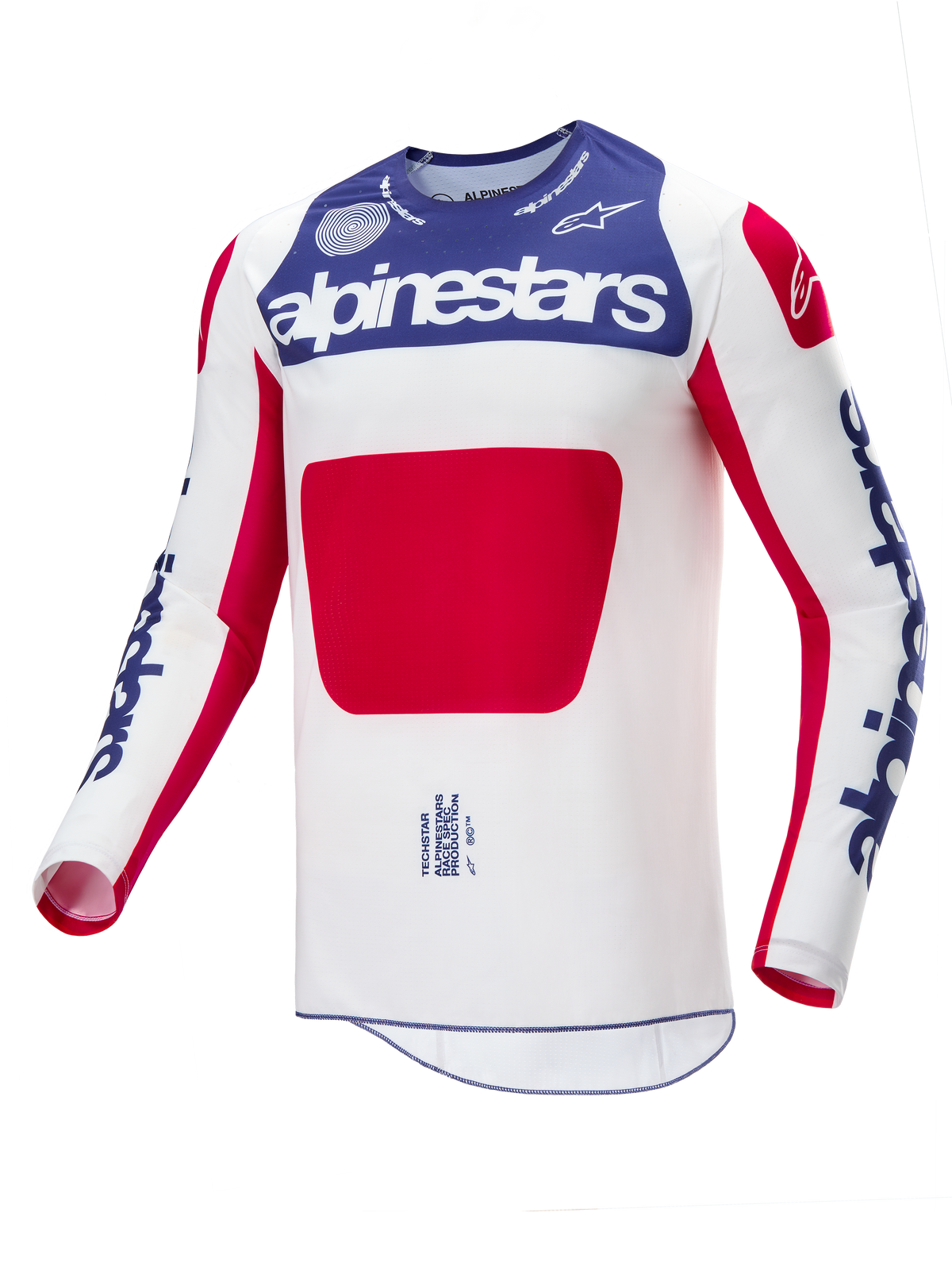 Alpinestars Limited Edition Techstar Fortitude Jersey, Motocross-Trikot, Rot, Weiß und Blau, mit einem weißen Hauptteil, einem großen roten Paneel in der Mitte, einem blauen Brustbereich mit weißem Alpinestars-Branding und blauen Logos auf den Ärmeln, entwickelt für Offroad-Rennleistung
