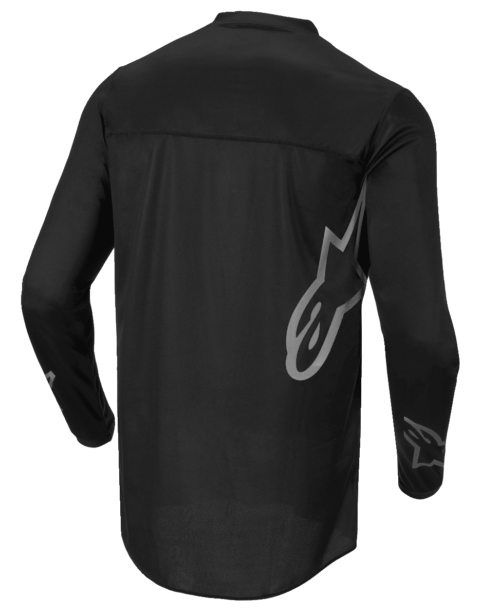Alpinestars Fluid Graphite Jersey, Motocross Jersey, Black and Dark Gray, Back View, featuring large gray Alpinestars logo on the side and sleeve graphics, lightweight moisture-wicking textile for off-road racing