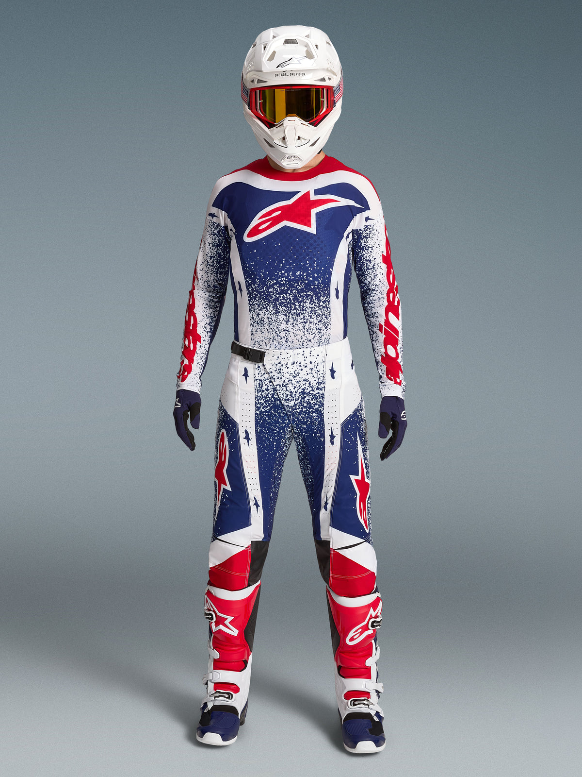 Alpinestars Limited Edition Techstar Unity Trikot, Motocross-Ausrüstungsset für Herren, Rot, Weiß und Blau mit gesprenkelten Renngrafiken, athletische Race-Passform