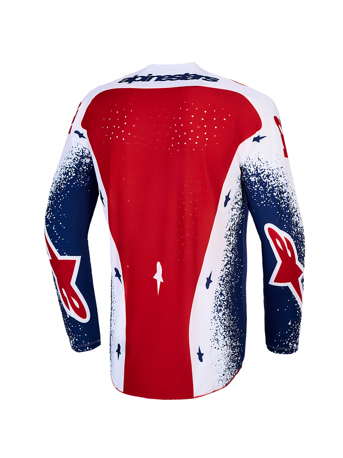 Alpinestars Techstar Unity Trikot Limited Edition, Herren-Motocross-Trikot in Rot, Weiß, Blau, mit ventiliertem Rücken.