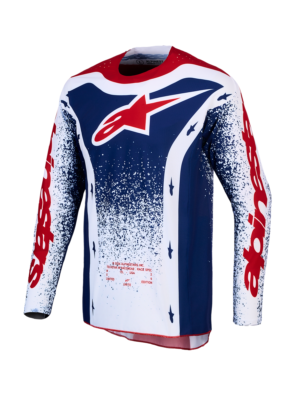 Alpinestars Techstar Unity Trikot, Limited Edition Motocross-Oberteil für Herren, Blau, Weiß und Rot, für Offroad-Rennen.