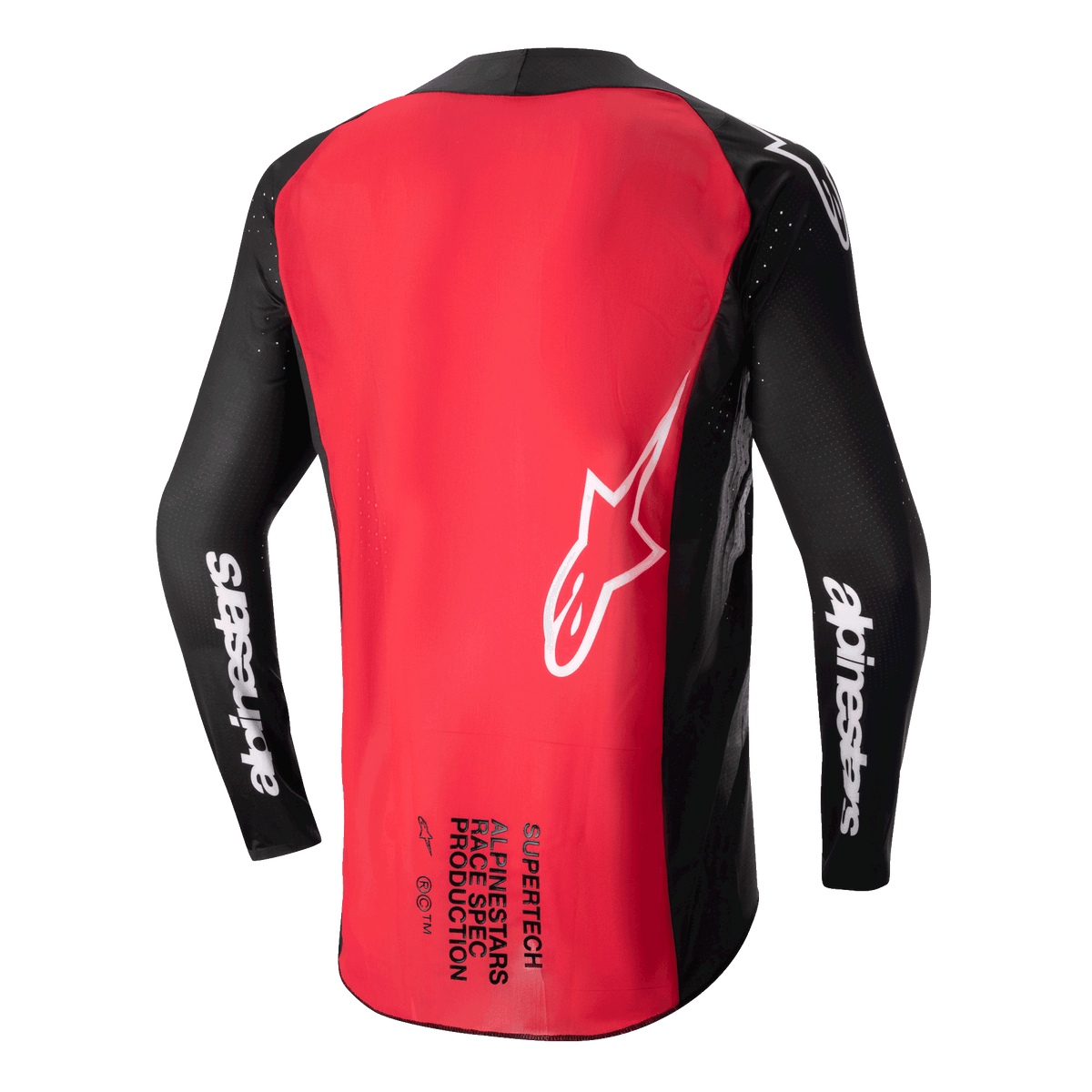 Alpinestars 2024 Supertech Ward Trikot, Motocross-Trikot, Schwarz und Beerenrot, Rückansicht mit großem roten Rückenpanel, schwarzen Mesh-Ärmeln mit weißem Alpinestars-Branding, weißem Stern-Logo und „Supertech Race Spec“-Schriftzug am unteren Rücken.