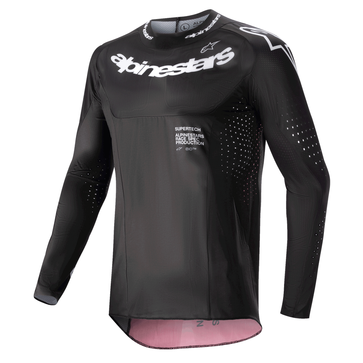 Alpinestars 2024 Supertech Ward Jersey, Motocross-Trikot, Schwarz und Red Berry, mit weißen Alpinestars-Logos auf Brust und Kragen, lasergeschnittenen Belüftungsperforationen an Ärmeln und Seiten, Performance-Rennpassform mit Innenakzenten in Red Berry