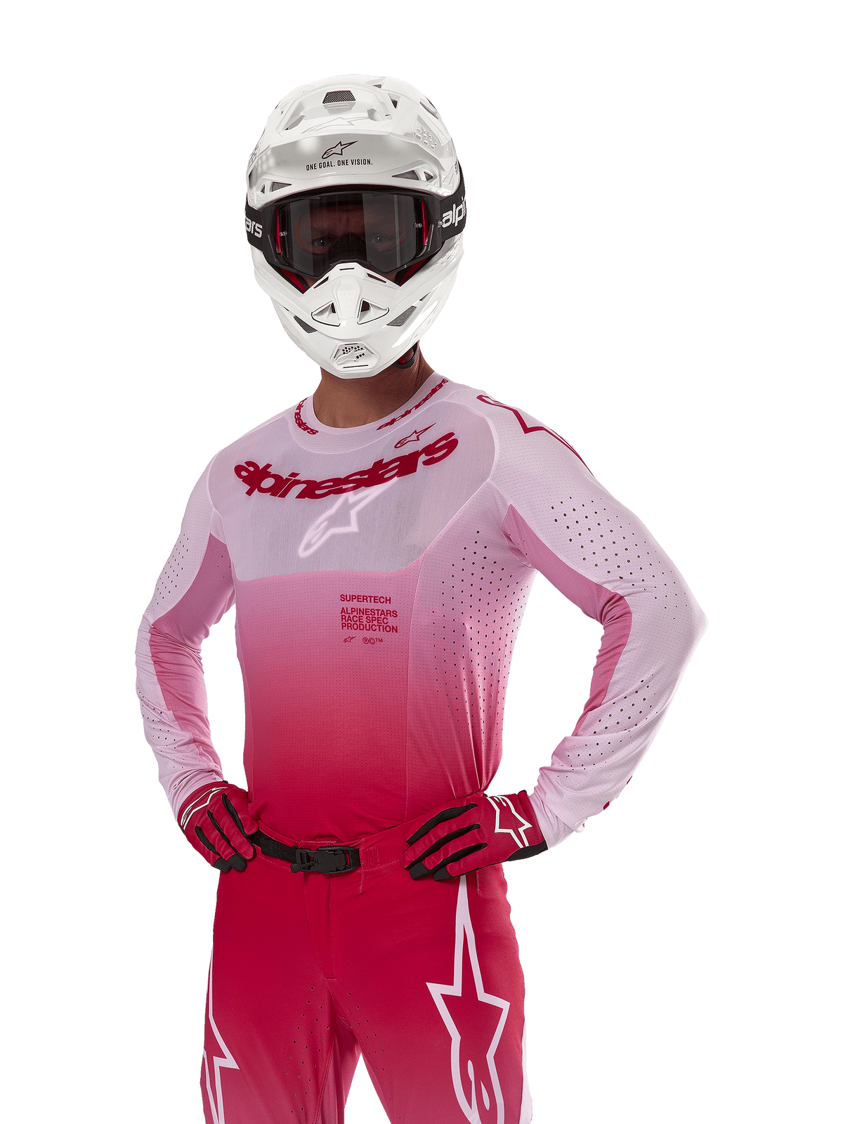 Alpinestars 2024 Supertech Dade Jersey, Motocross Racing Gear, Red Berry Lilac gradient design, long-sleeve jersey with laser-cut perforations, worn by a rider with a white helmet and matching red gloves and pants, professional motocross kit on a white background