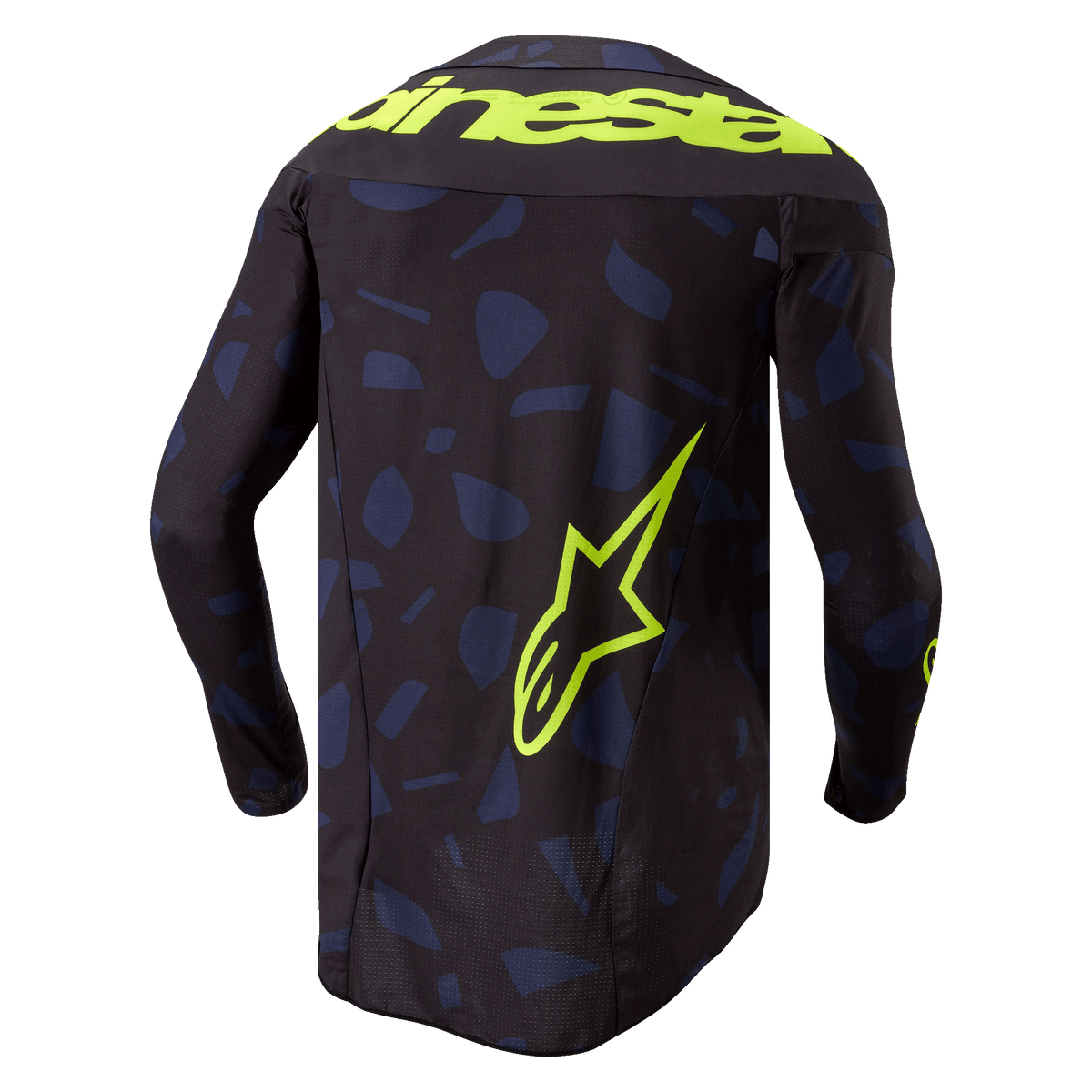 Alpinestars 2024 Techstar Rantera Trikot, Motocross-Trikot, Schwarz Marineblau Gelb Fluo, Rückansicht, marineblaues geometrisches Muster auf schwarzer Basis, auffälliger Alpinestars-Schriftzug in Gelb Fluo über den Schultern, großes Stern-Logo auf dem unteren Rücken, technische Langarm-Ausrüstung für den Offroad-Rennsport