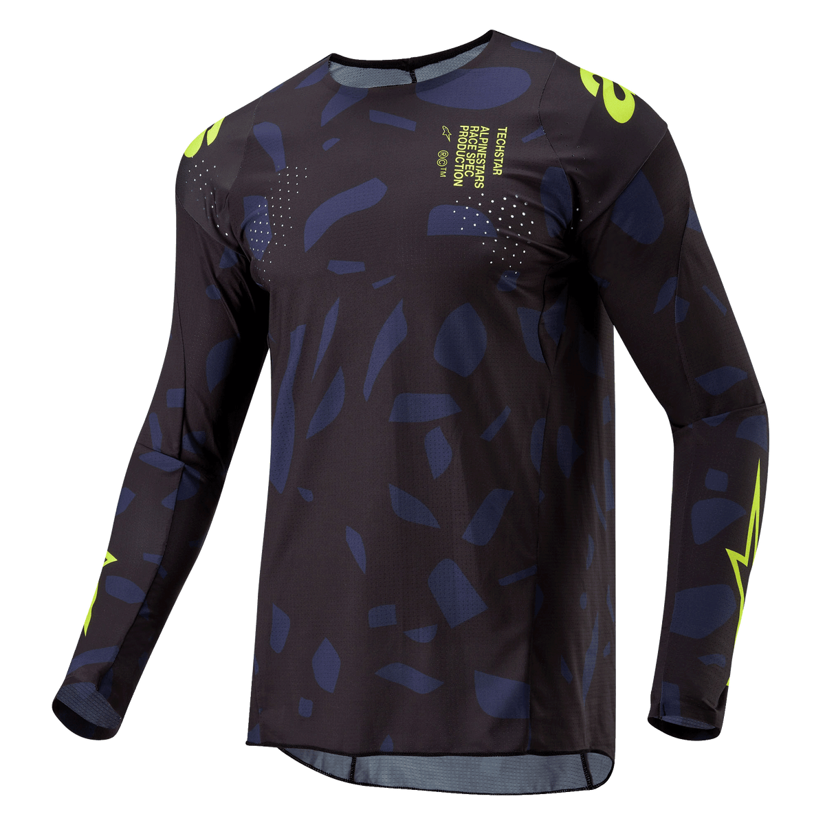Alpinestars 2024 Techstar Rantera Jersey, Motocross-Jersey, Schwarz, Navy und Gelb Fluo, langärmelige sportliche Passform mit abstraktem Muster, neongelbe Branding- und Textdetails, entwickelt für Offroad-Performance