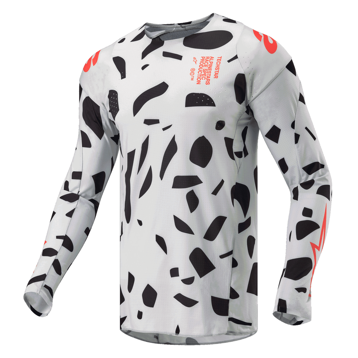 Alpinestars 2024 Techstar Rantera Trikot, Motocross-Trikot, Haze Grau Camo mit schwarzen abstrakten Formen und orangefarbenen Akzenten, langärmelig, technische Offroad-Rennausrüstung