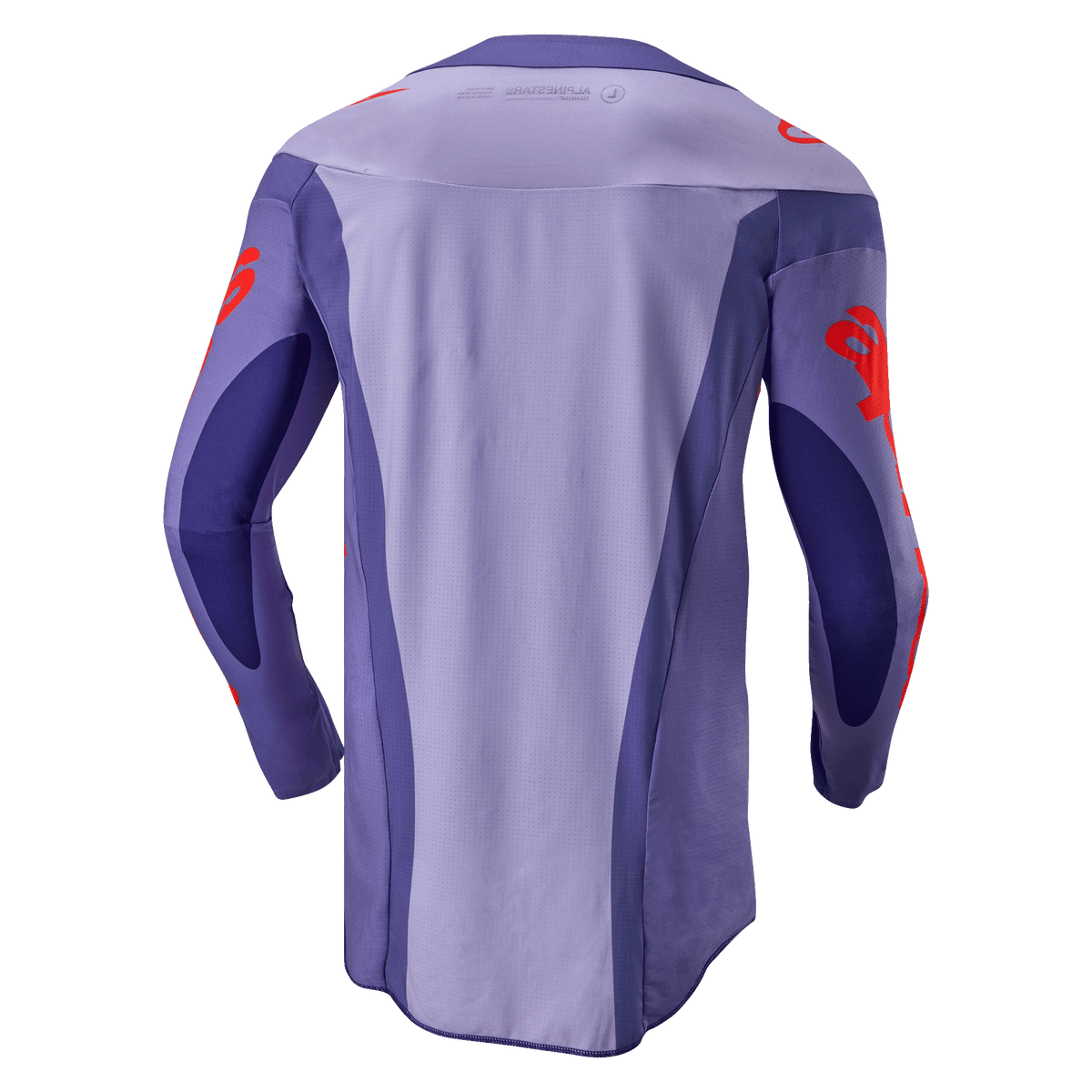 Alpinestars 2024 Techstar Ocuri Trikot, Motocross-Trikot, Lila und Hot Orange, Rückansicht mit lila Multi-Panel-Design, orangefarbene Logo-Grafiken auf Ärmeln und Schultern, verlängerte Rückenpartie für Offroad-Rennperformance.
