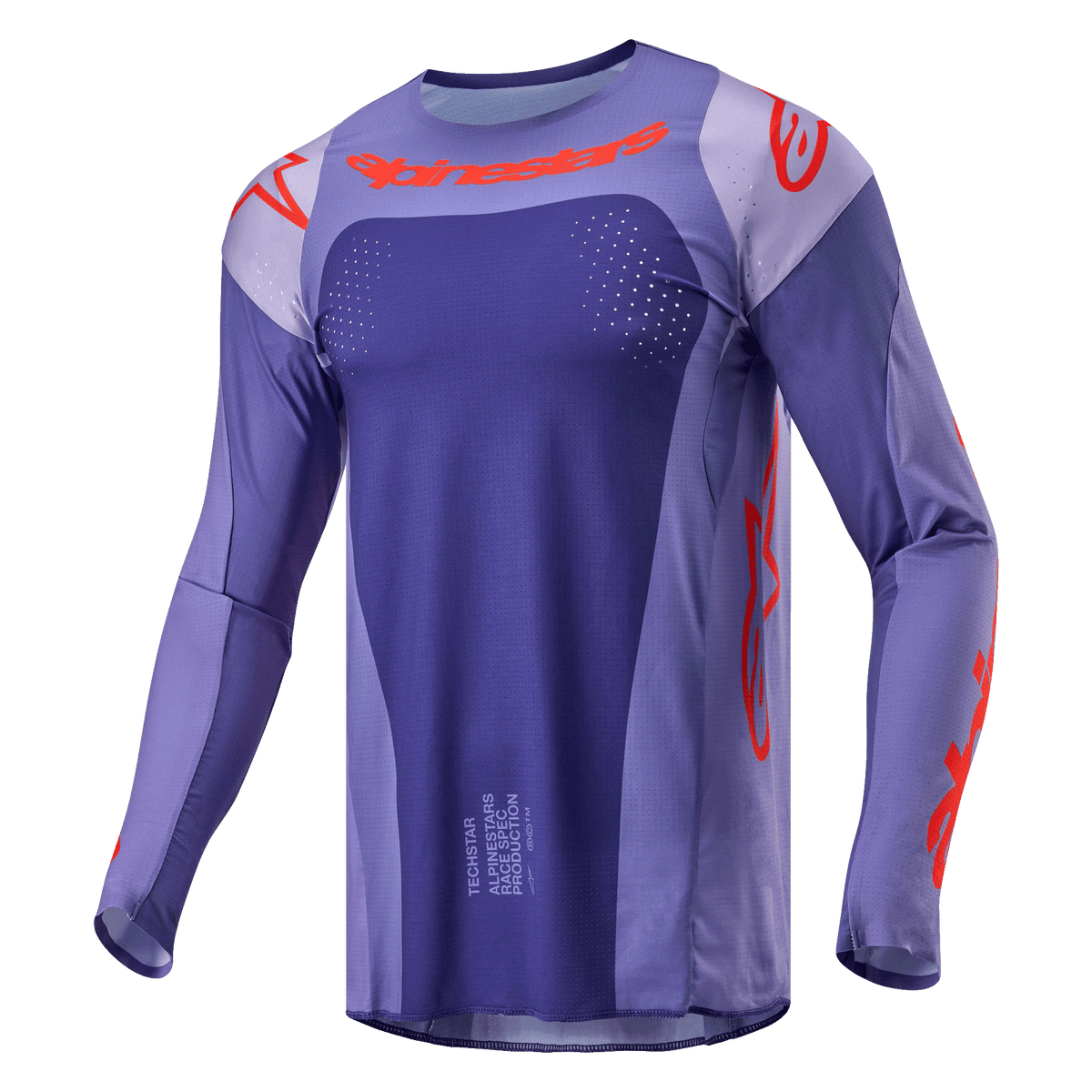 Alpinestars 2024 Techstar Ocuri Trikot, Motocross-Trikot, Lila und Hot Orange, langärmelige sportliche Passform mit lasergeschnittenen Perforationen, auffälliges oranges Branding auf Brust und Ärmeln, feuchtigkeitsableitendes Poly-Gewebe für Offroad-Rennsport