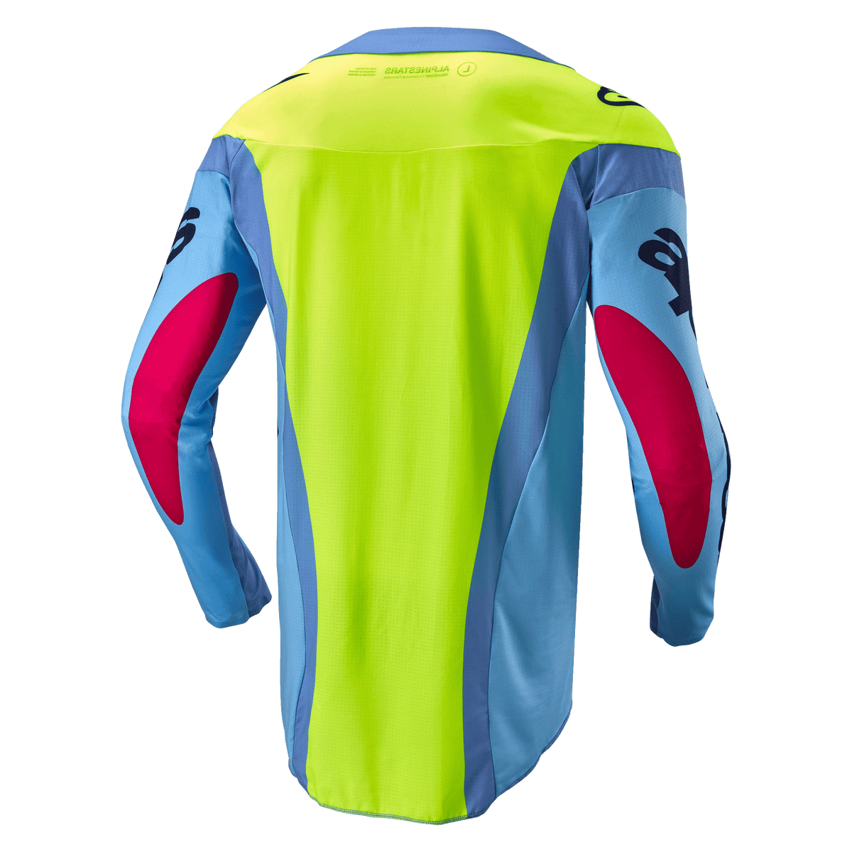 Alpinestars 2024 Techstar Ocuri Trikot, Motocross-Trikot, Hellblau, Fluo-Gelb und Red Berry, Rückansicht mit einem leuchtend neongelben Rückenteil, hellblaue Ärmel mit beerenroten Akzenten, ergonomische sportliche Passform für Offroad-Performance.