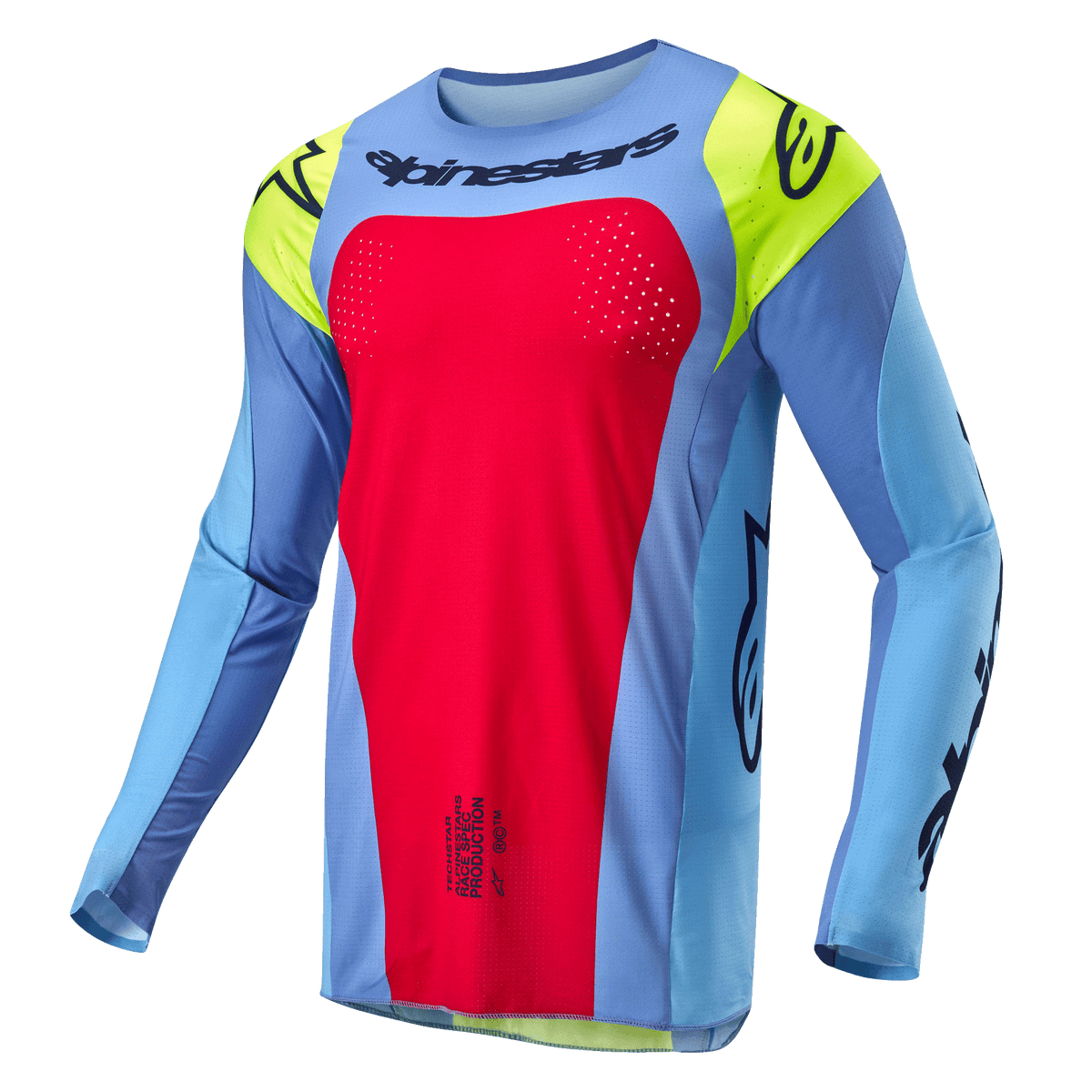 Alpinestars 2024 Techstar Ocuri Trikot, Motocross-Trikot, Hellblau mit Red Berry und Fluo-Gelben Akzenten, mit schwarzen Logos und lasergeschnittenen Perforationen zur Belüftung, athletische Rennpassform für Offroad-Performance