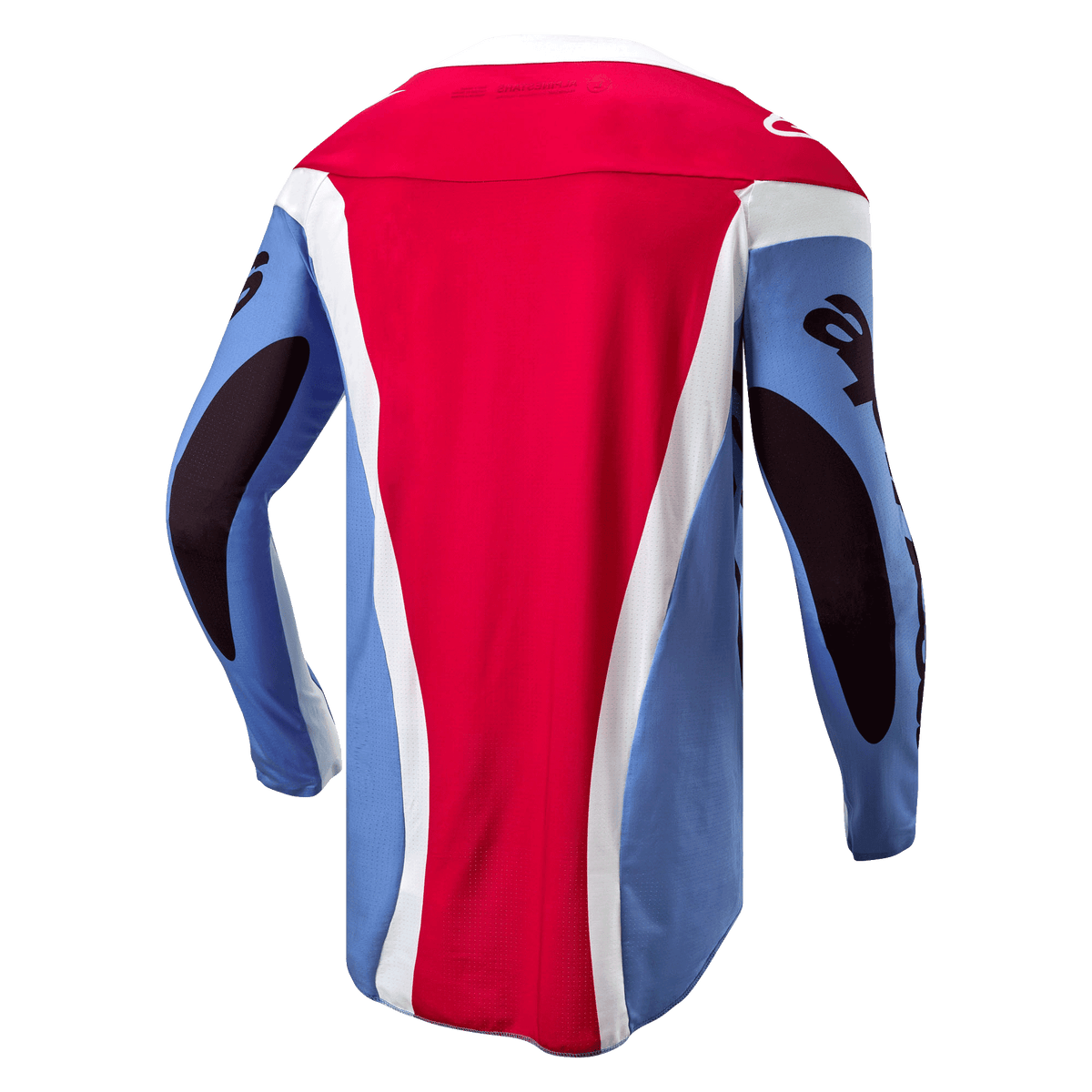 Alpinestars 2024 Techstar Ocuri Trikot, Motocross-Trikot, Hellblau, Mars-Rot und Weiß, Rückansicht mit sportlicher Rennpassform, verlängerter Rückenpartie und schwarzen Ärmelgrafiken
