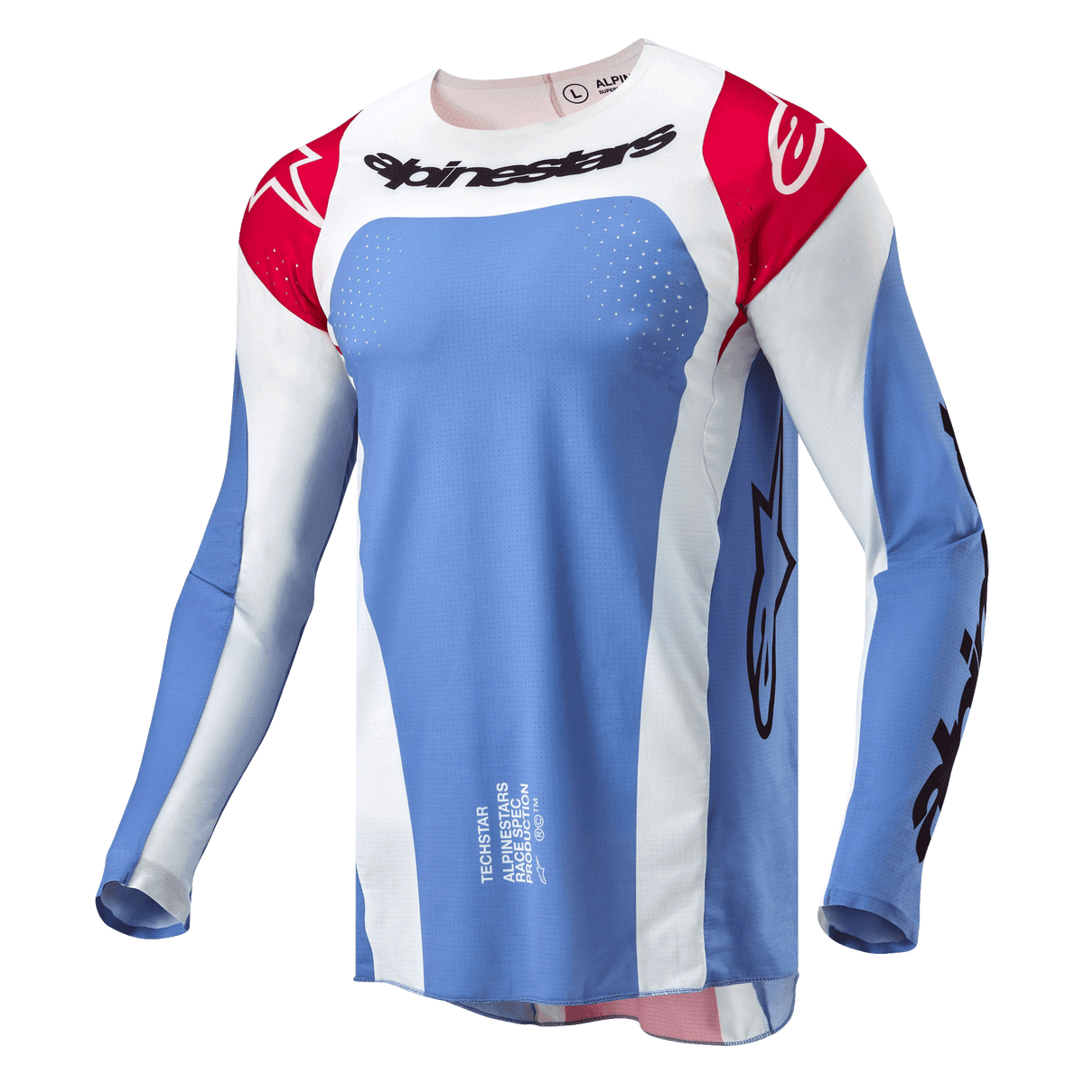 Alpinestars 2024 Techstar Ocuri Trikot, Motocross-Trikot, Hellblau, Mars-Rot und Weiß, schwarzer Alpinestars-Schriftzug auf der Brust, rote Schultern mit weißen Logos, lasergeschnittene Perforationen zur Belüftung