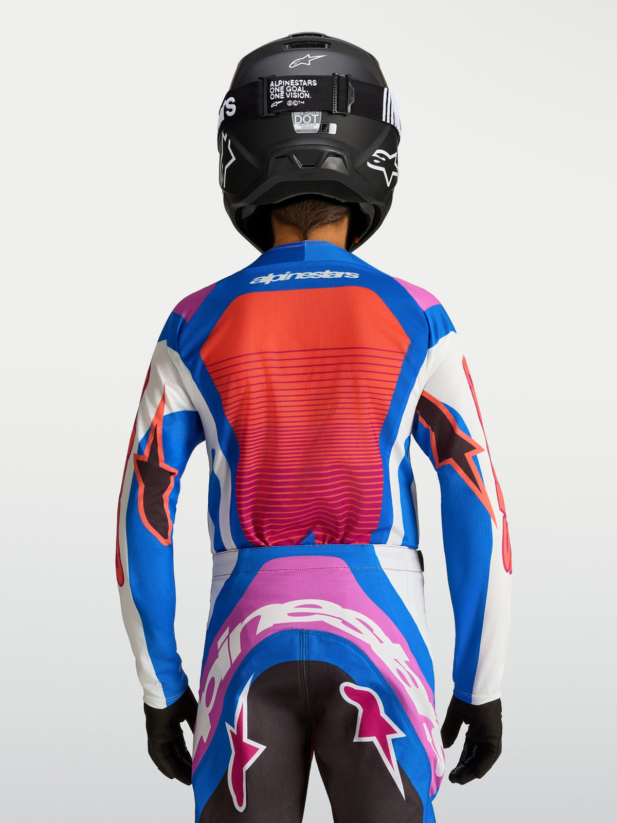 Alpinestars Supertech Jugend-Trikot Maven 2027, Motocross-Trikot, Blau und Koralle, atmungsaktives Mesh, Rückansicht.