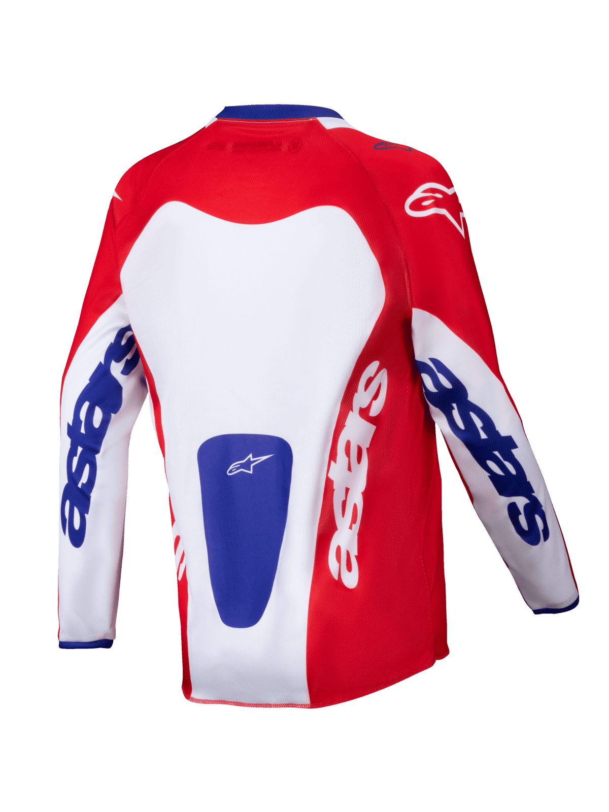 Alpinestars 2025 Youth Racer Veil Trikot, Motocross-Trikot, Hellrot und Weiß mit blauen Akzenten, Rückansicht mit markantem „astars“-Branding auf Ärmeln und Rücken, entwickelt für jugendliche Offroad-Performance