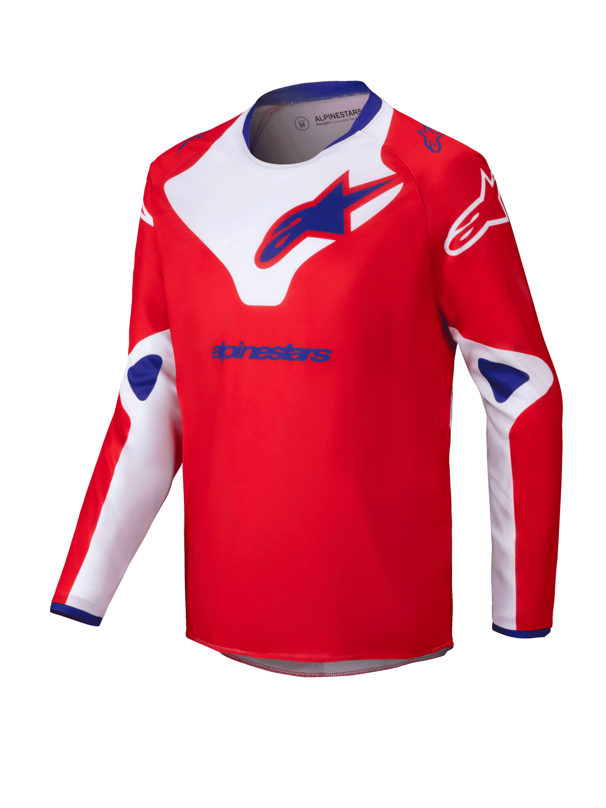 Alpinestars 2025 Youth Racer Veil Trikot, Motocross-Trikot, Rot mit weißen und blauen Akzenten, langärmliges feuchtigkeitsableitendes Material, große Alpinestars-Logos auf Brust und Schultern, blauer Innenkragen, Hochleistungs-Offroad-Bekleidung