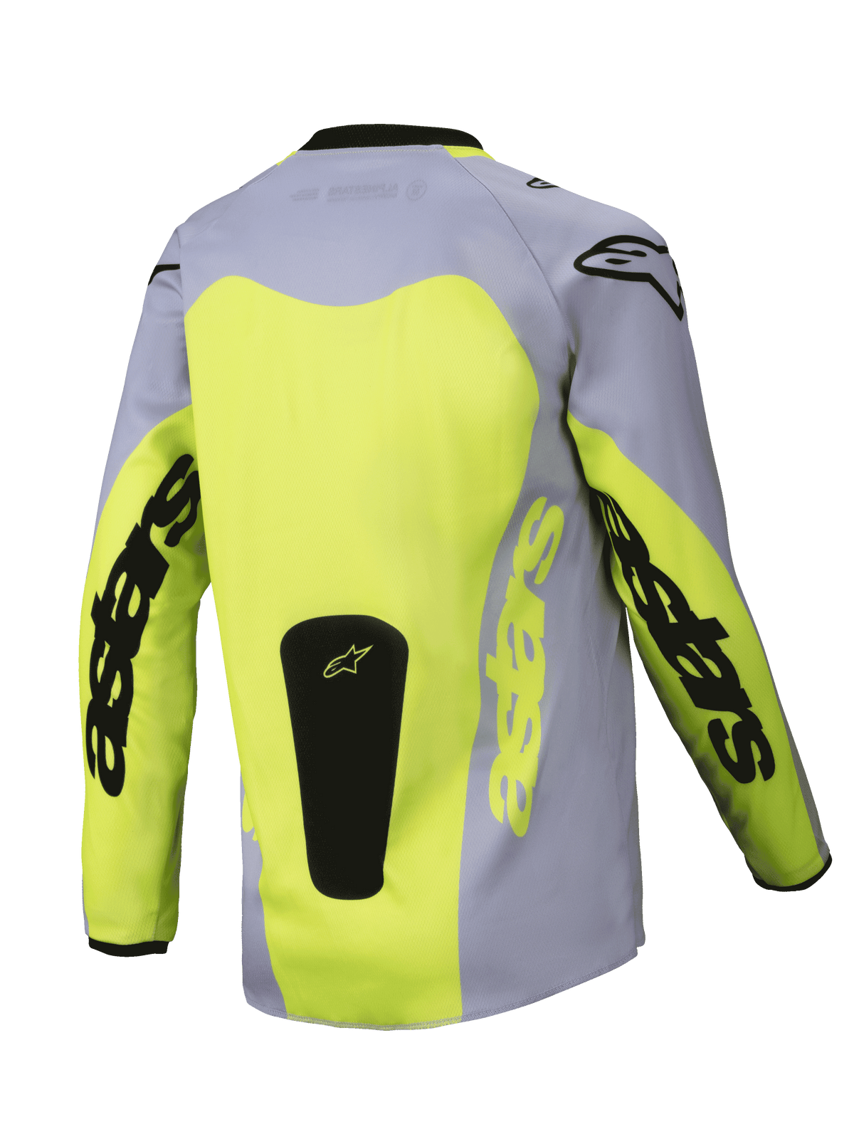 Alpinestars 2025 Youth Racer Veil Trikot, Rückansicht, Grau und Neongelb, mit großem gelben Rückeneinsatz und Astars-Branding auf den Ärmeln, schwarzer Logo-Patch am Saum, leichte Motocross-Ausrüstung für Offroad-Fahrten