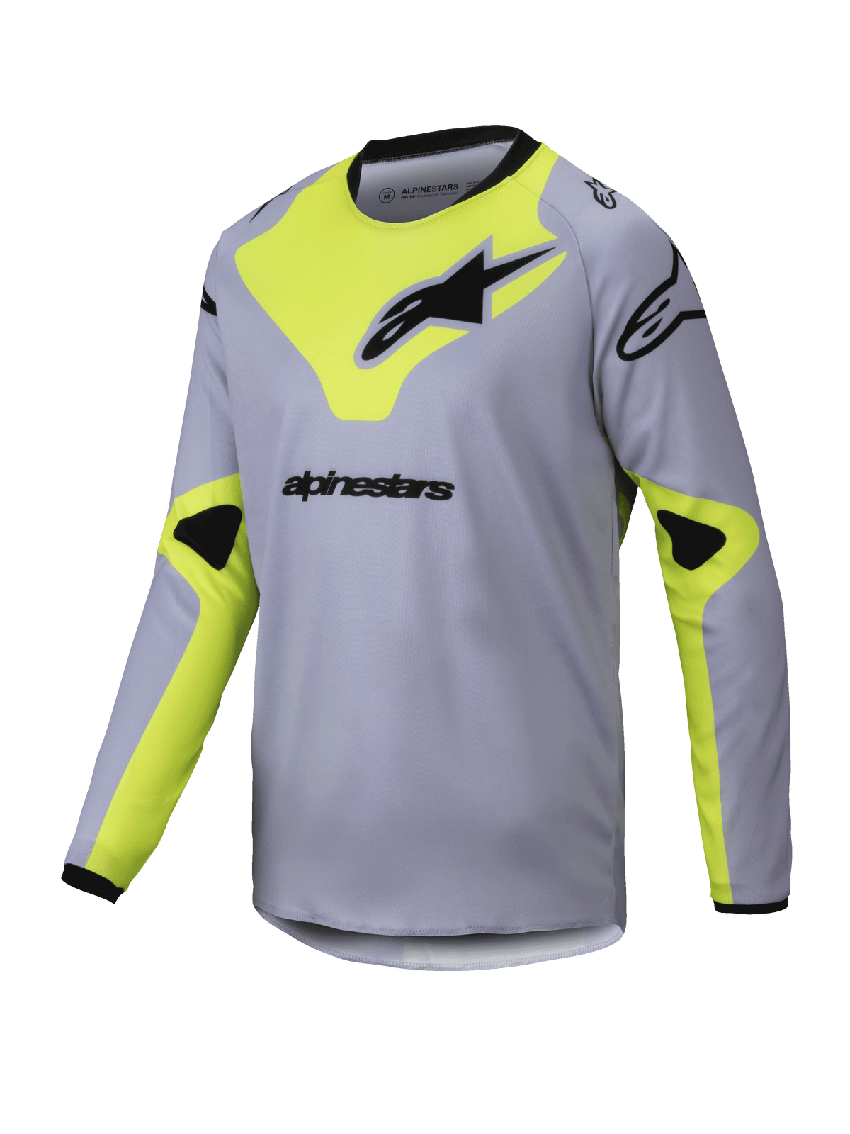Alpinestars 2025 Youth Racer Veil Trikot, Motocross-Langarmtrikot, Grau und Gelb Fluo, schwarze Logos, leichtes, atmungsaktives Material, schwarzer Kragen und Ärmelbündchen, geometrisches Design