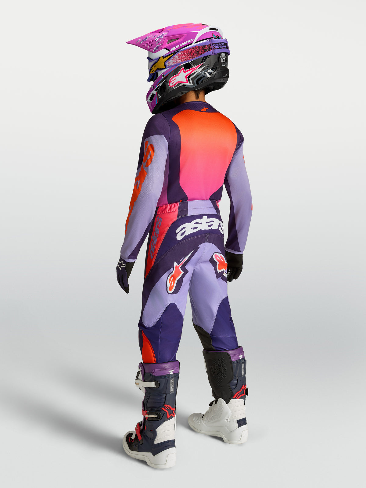 Alpinestars Fluid Hunt Jugend-Trikot und Motocross-Set 2027, Lila und Pink Fluo, Rückansicht der MX-Ausrüstung.