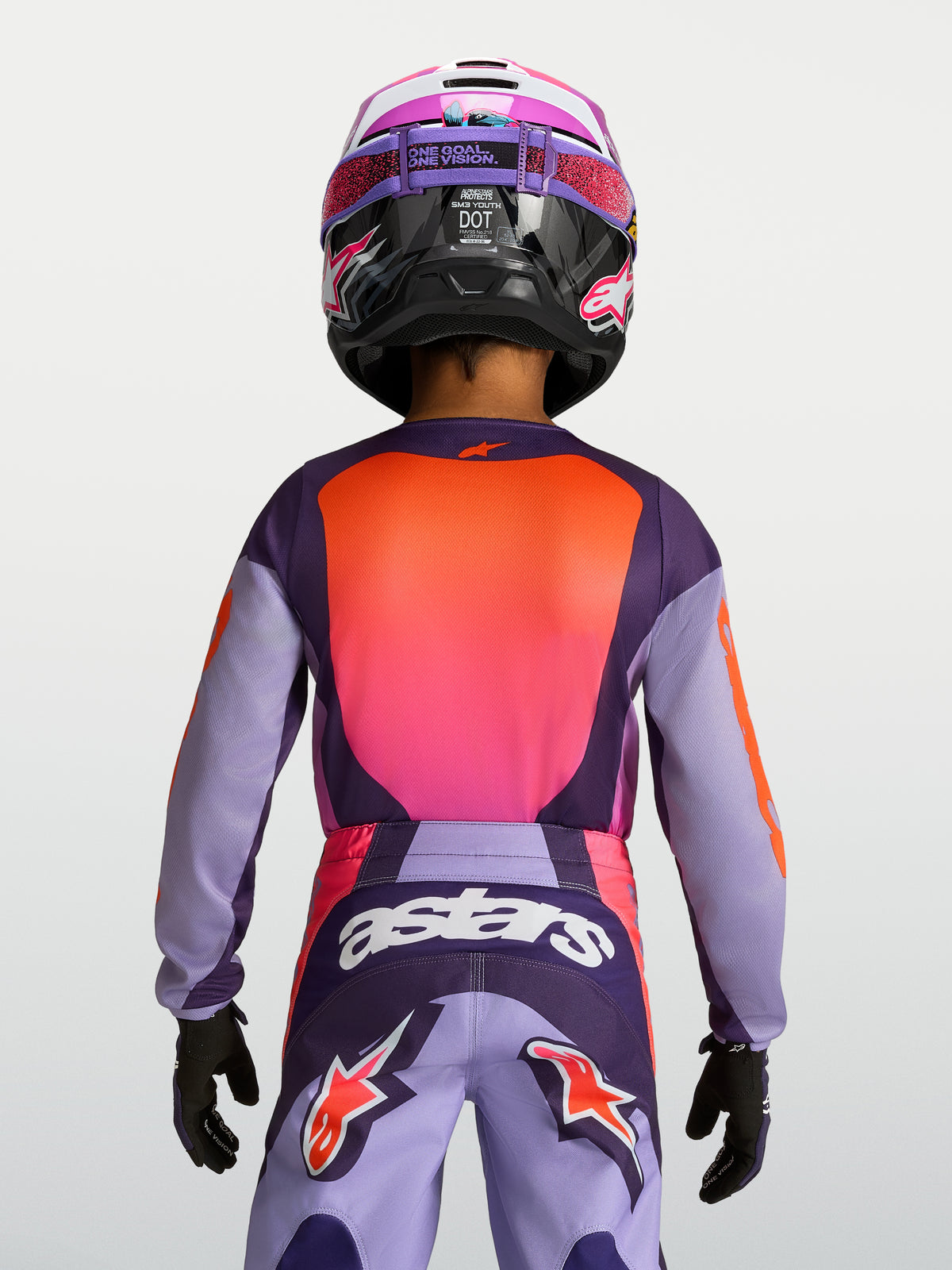 Alpinestars Fluid Hunt Jugend-Trikot in Lila und Pink, Motocross-Bekleidung, feuchtigkeitsableitend, ergonomisch, Rückansicht.