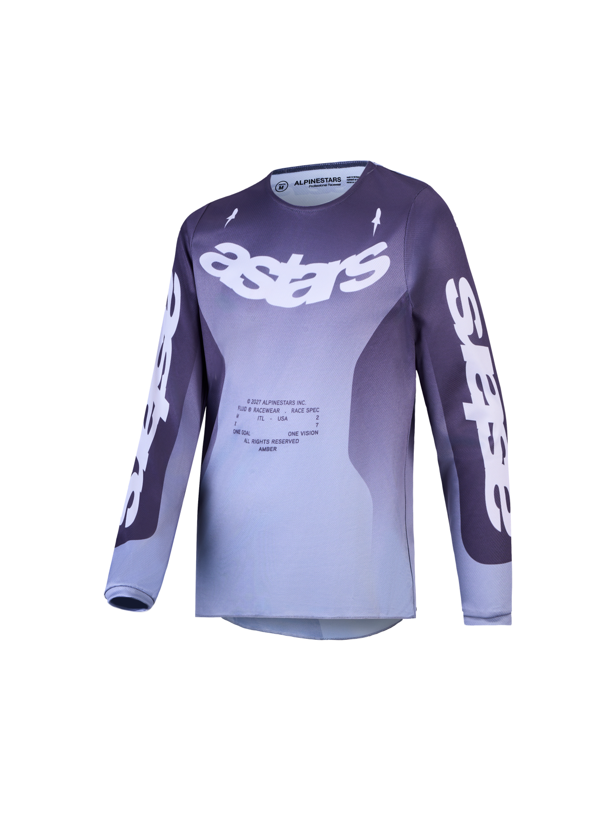 Alpinestars Jugend Fluid Amber Trikot, Motocross-Renntrikot, Lila und Grau mit Farbverlauf, markantes Astars-Branding, Performance-Offroad-Design